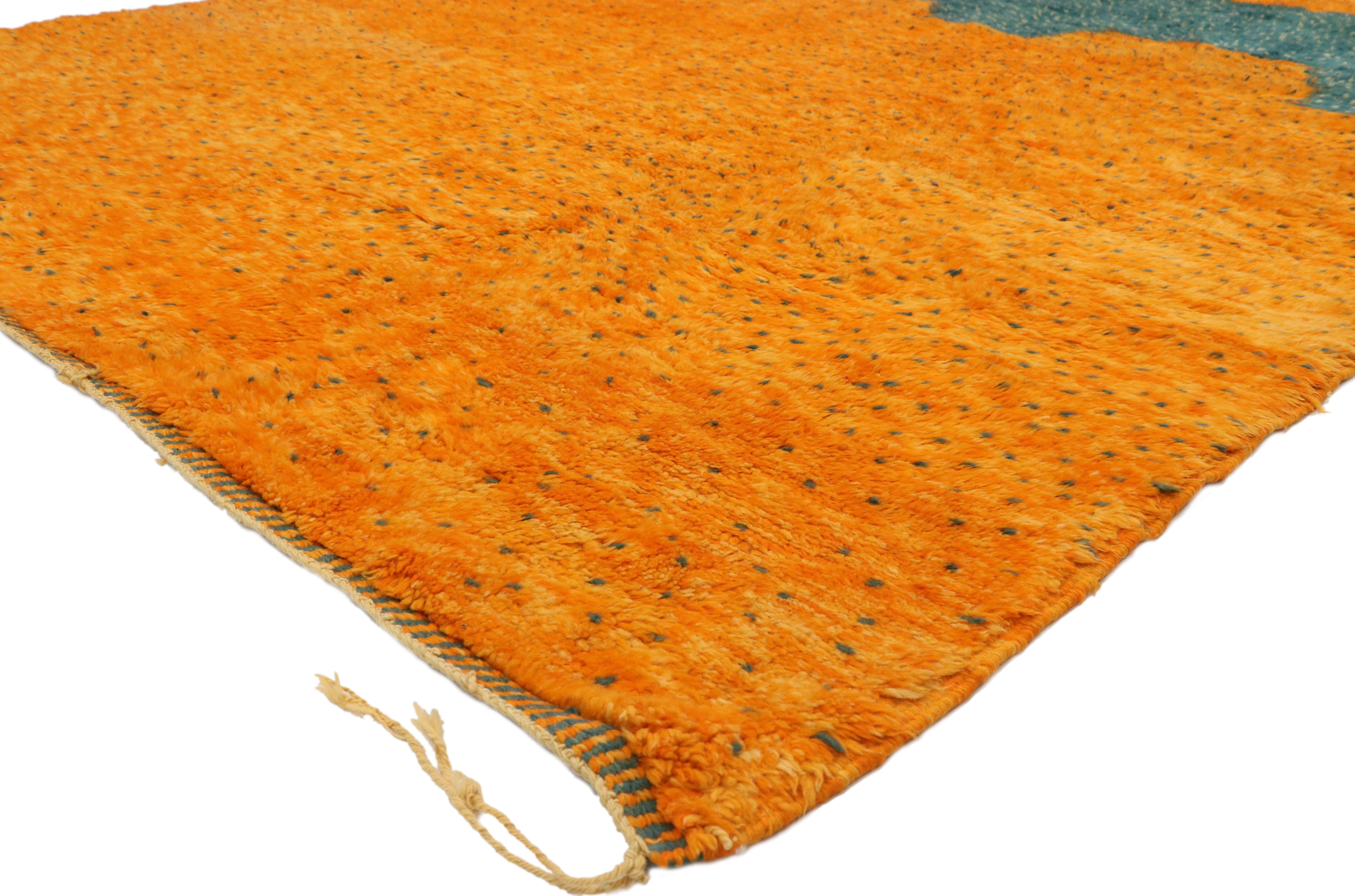 20995, new contemporary Berber Moroccan area rug with Abstract Expressionist style 08'09 x 10'07. Featuring a luminous orange glow, rich waves of abrash, and luxury underfoot, this hand knotted wool contemporary Moroccan rug draws inspiration from