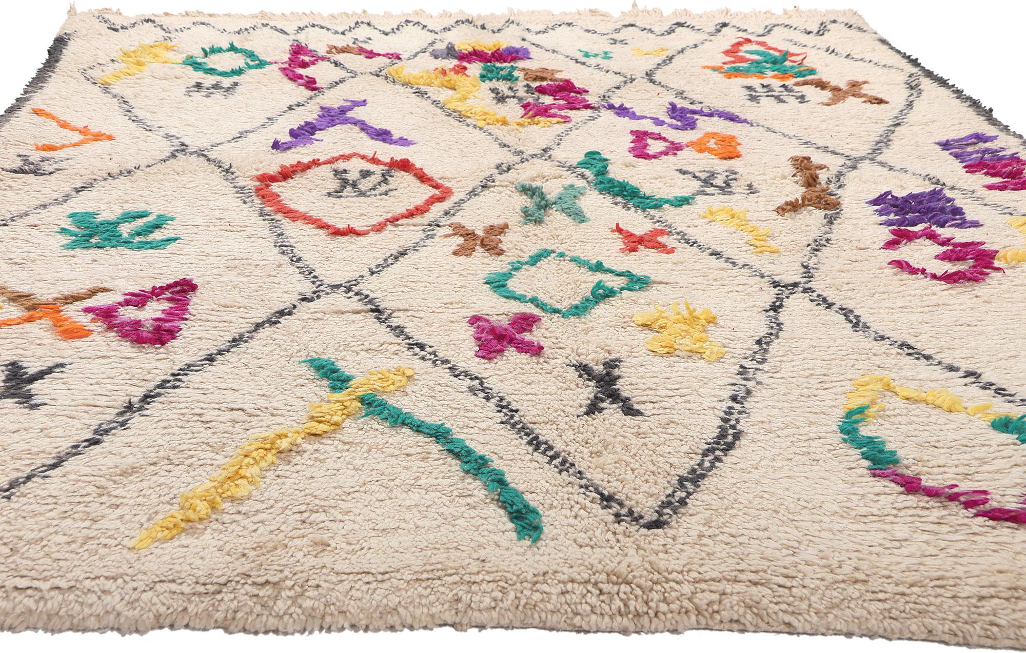 Bohemian Colorful Vintage Moroccan Azilal Rug, Tribal Enchantment Meets Cozy Boho Chic For Sale