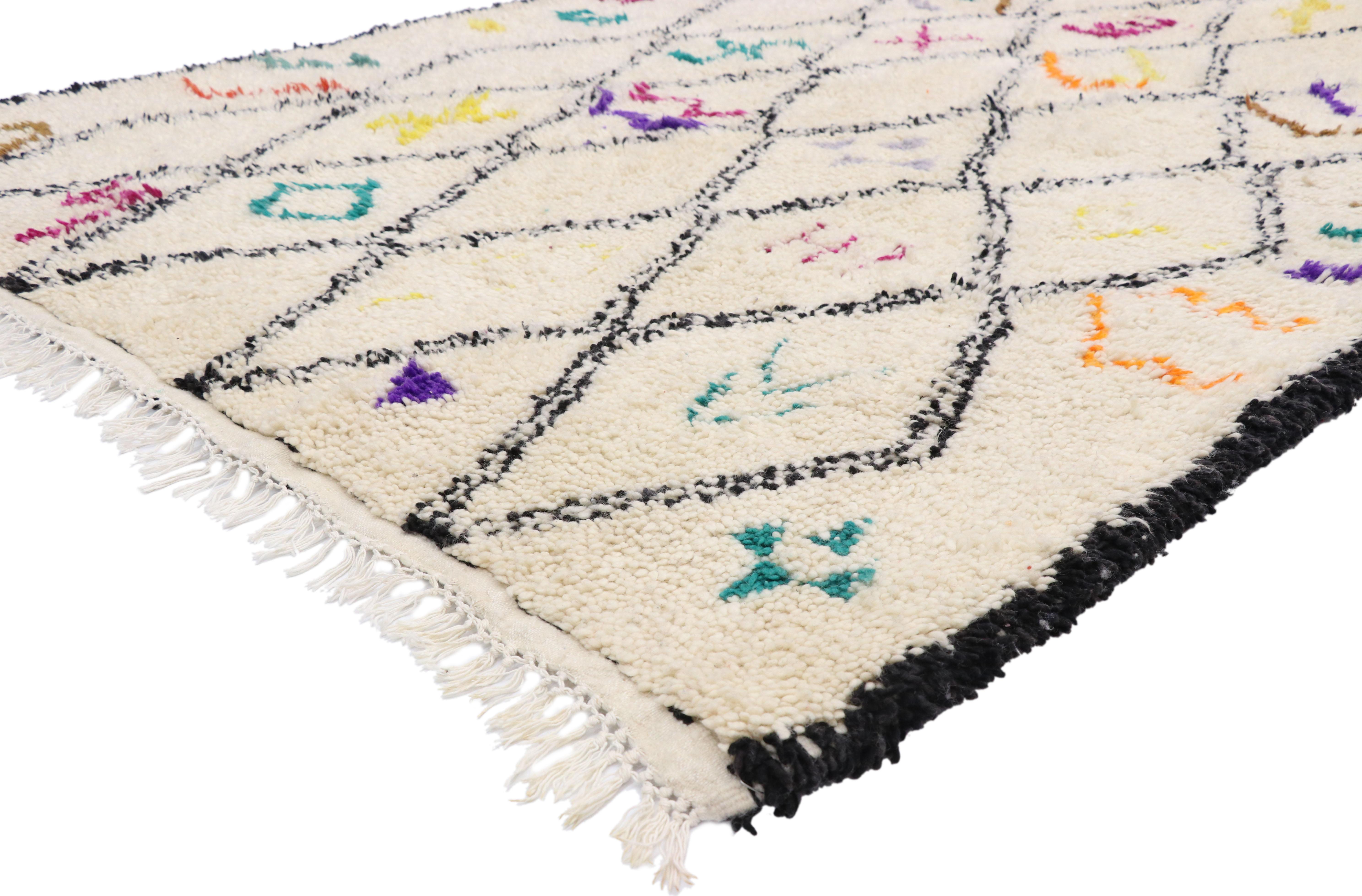 21030 New Contemporary Berber Moroccan Azilal Rug with Hygge Bohemian Tribal Style 06'01 x 09'01. This hand knotted wool contemporary Berber Moroccan Azilal rug features an all-over diamond lattice pattern composed of contrasting charcoal black