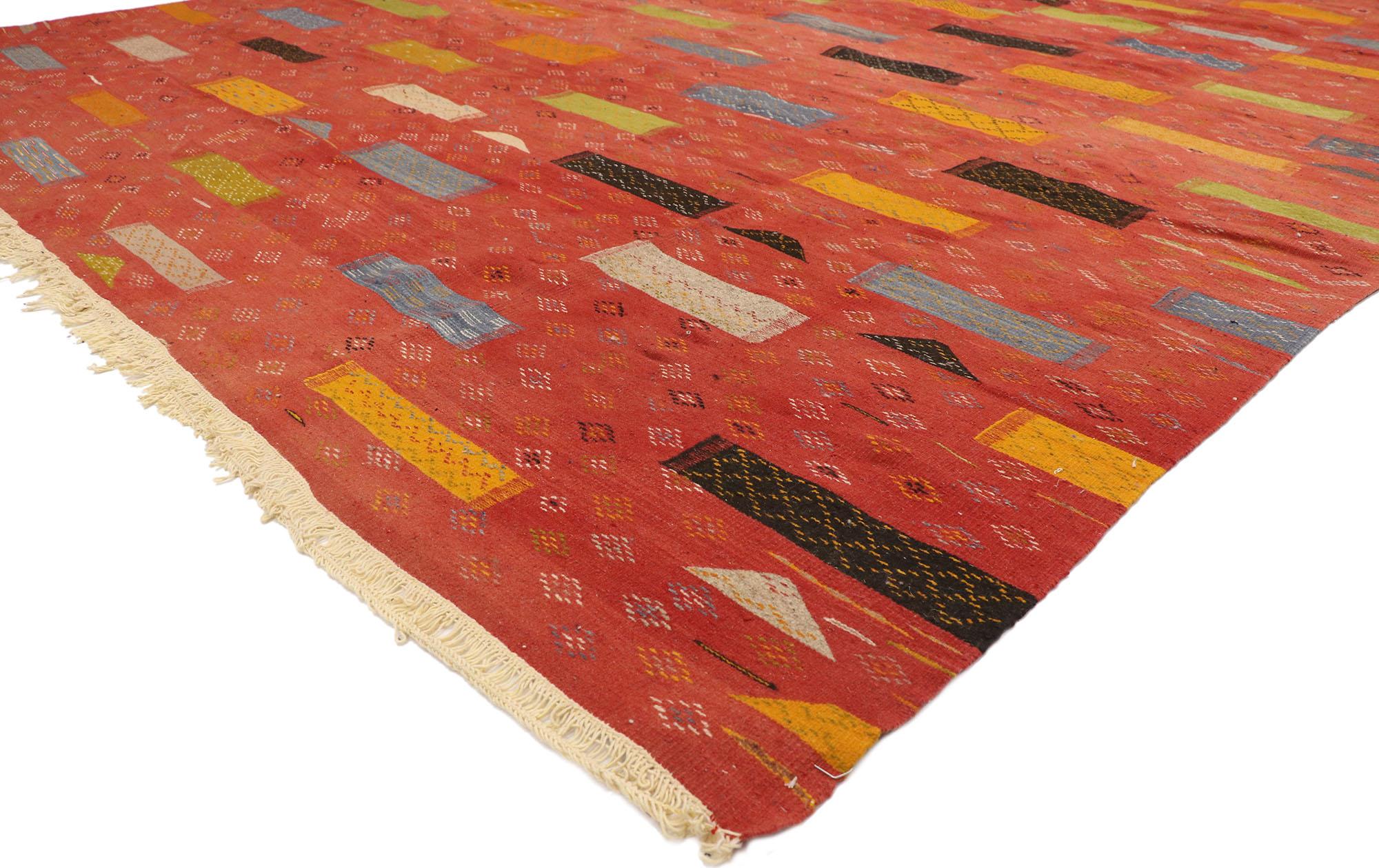 20910 Authentic Taznakht Moroccan Kilim Rug, 09'03 x 12'10. A Taznakht Moroccan kilim rug, traditionally crafted by the Berber people in the Taznakht region of Morocco, is a flat-woven rug distinguished by its vibrant colors, geometric patterns, and
