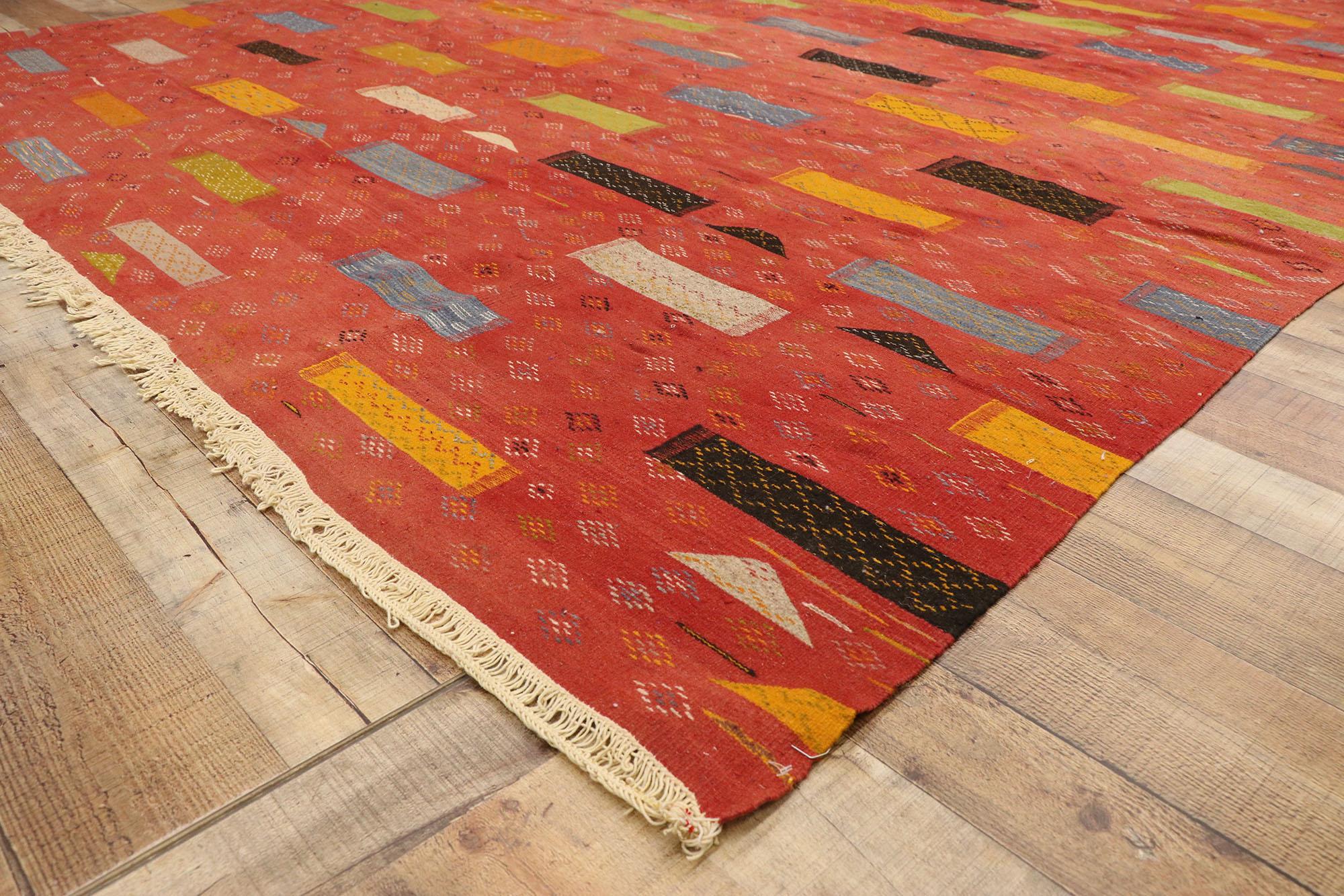 Contemporary Modern Red Taznakht Moroccan Kilim Rug, Cubism Meets Tribal Enchantment  For Sale