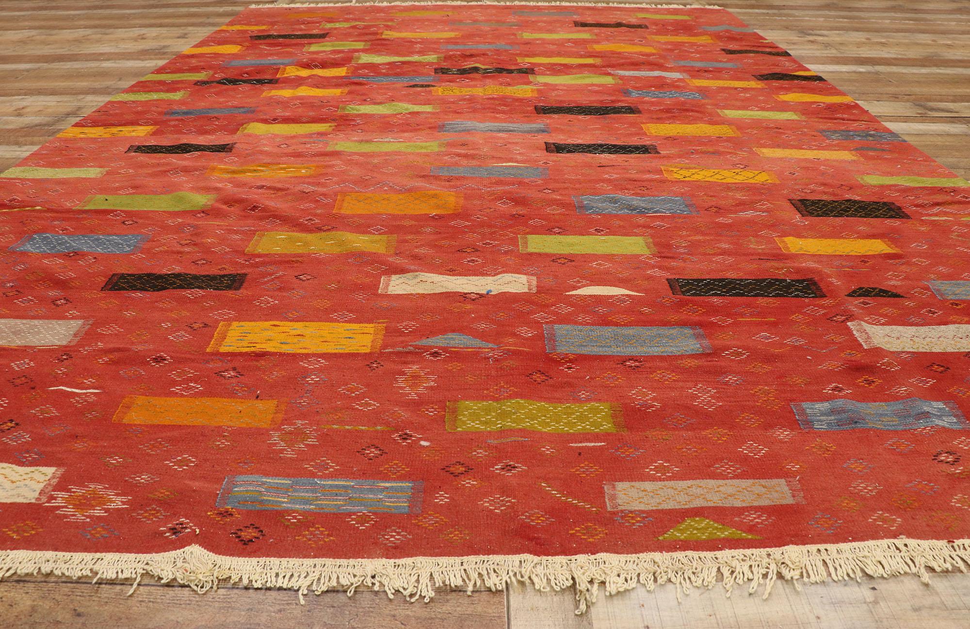 Wool Modern Red Taznakht Moroccan Kilim Rug, Cubism Meets Tribal Enchantment  For Sale