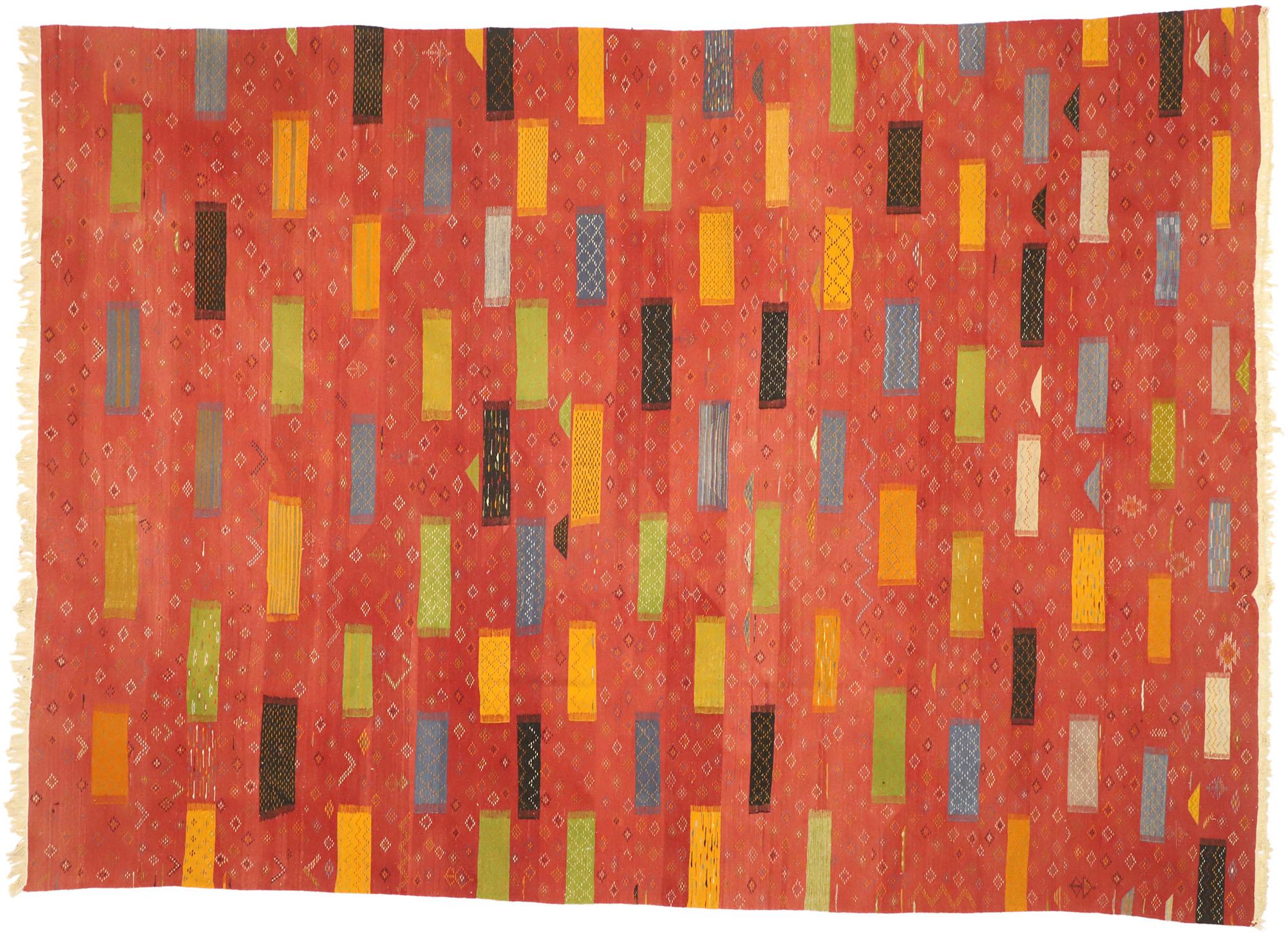 Modern Red Taznakht Moroccan Kilim Rug, Cubism Meets Tribal Enchantment  For Sale 2