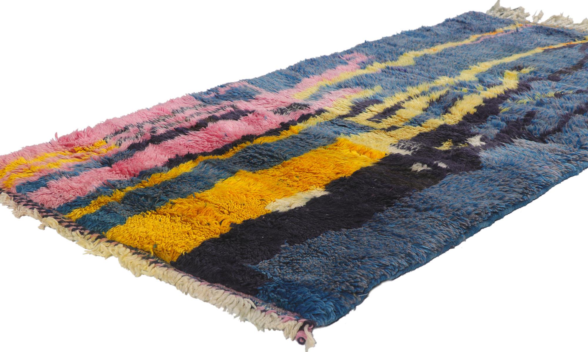 21133 New Colorful Abstract Berber Moroccan rug 02'08 x 05'04. Showcasing an expressive design, incredible detail and texture, this hand knotted wool colorful Berber Moroccan rug is a captivating vision of woven beauty. The bold geometric pattern