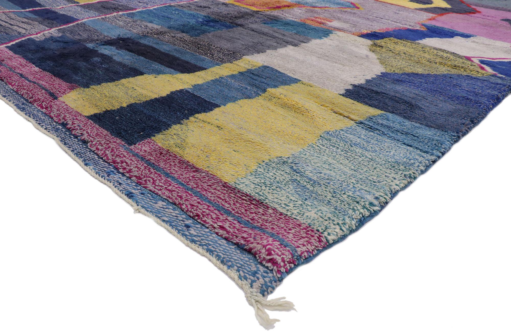 21118 New Contemporary Berber Moroccan rug inspired by Helen Frankenthaler 09'07 x 12'04. Showcasing a bold expressive design, incredible detail and texture, this hand knotted wool contemporary Berber Moroccan rug is a captivating vision of woven