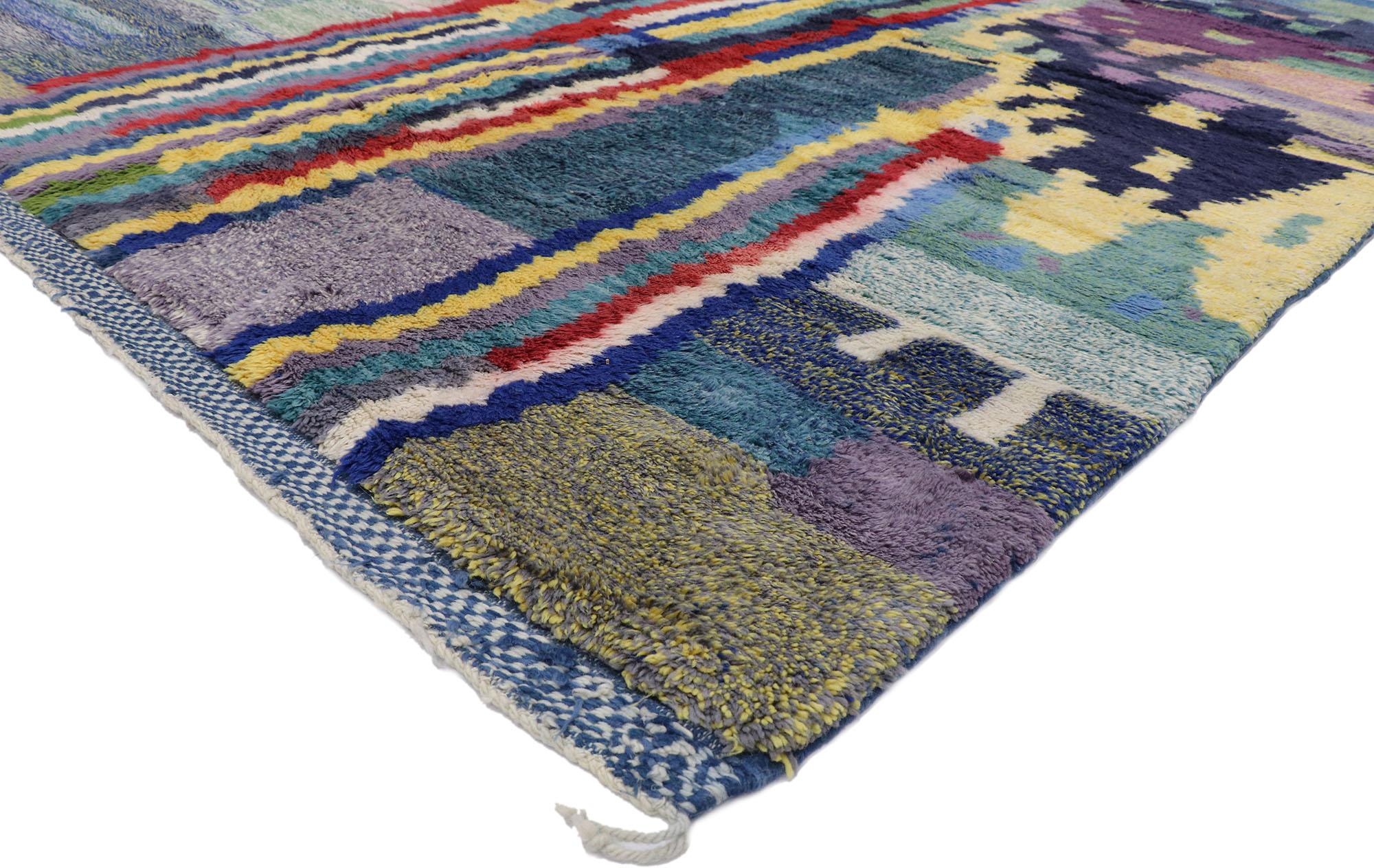 ​21139 Colorful Abstract Moroccan Rug, 08'11 x 11'06.
Emulating Abstract Expressionist style with nomadic charm, this hand knotted wool Berber Moroccan rug is a captivating vision of woven beauty. The visual complexity and intense color palette