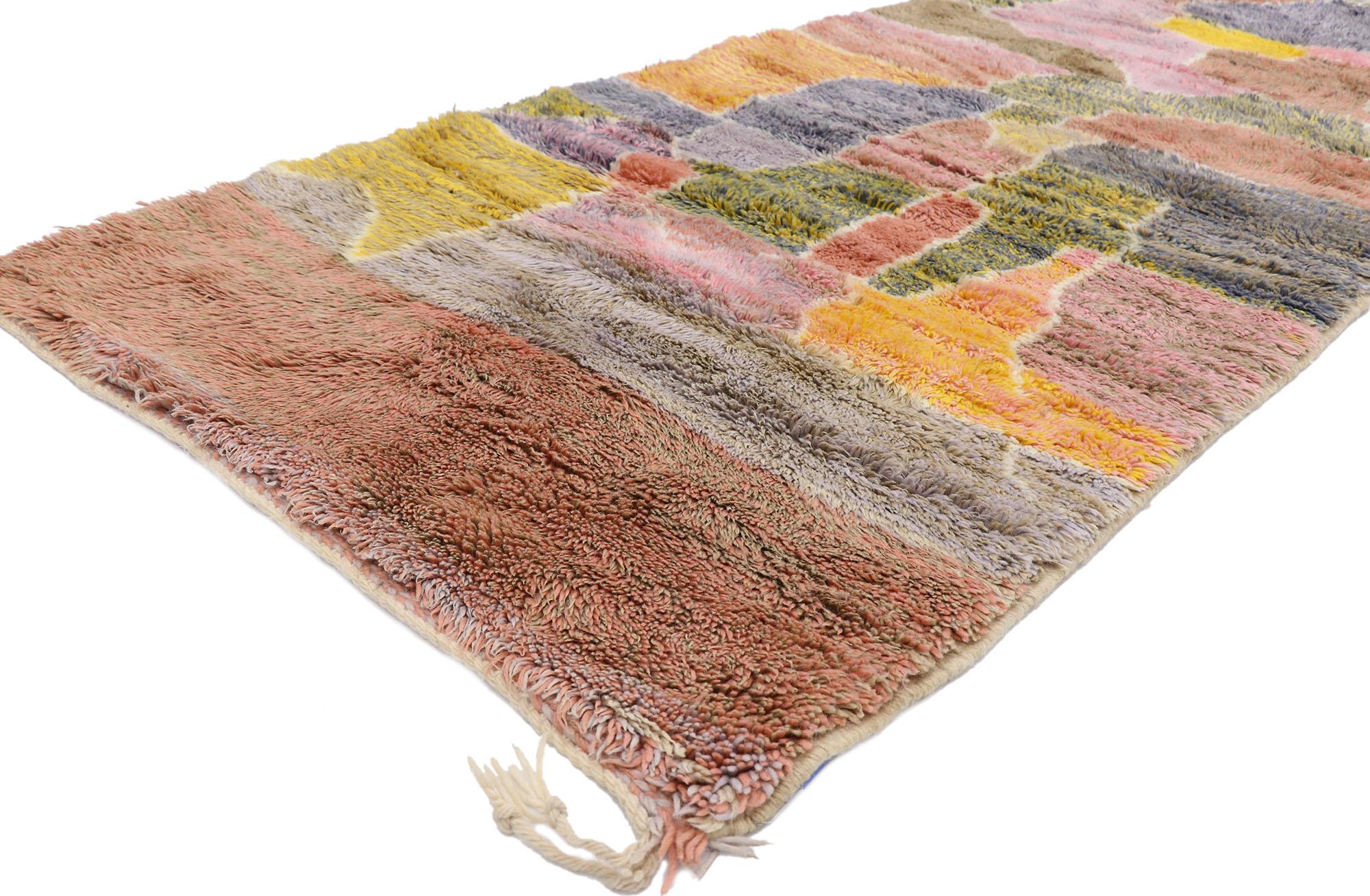 21110 New Colorful Abstract Moroccan Rug, 03'03 x 06'11.
Emanating nomadic charm with incredible detail and texture, this hand knotted wool Berber Moroccan runner is a captivating vision of woven beauty. The visual complexity and vibrant earthy