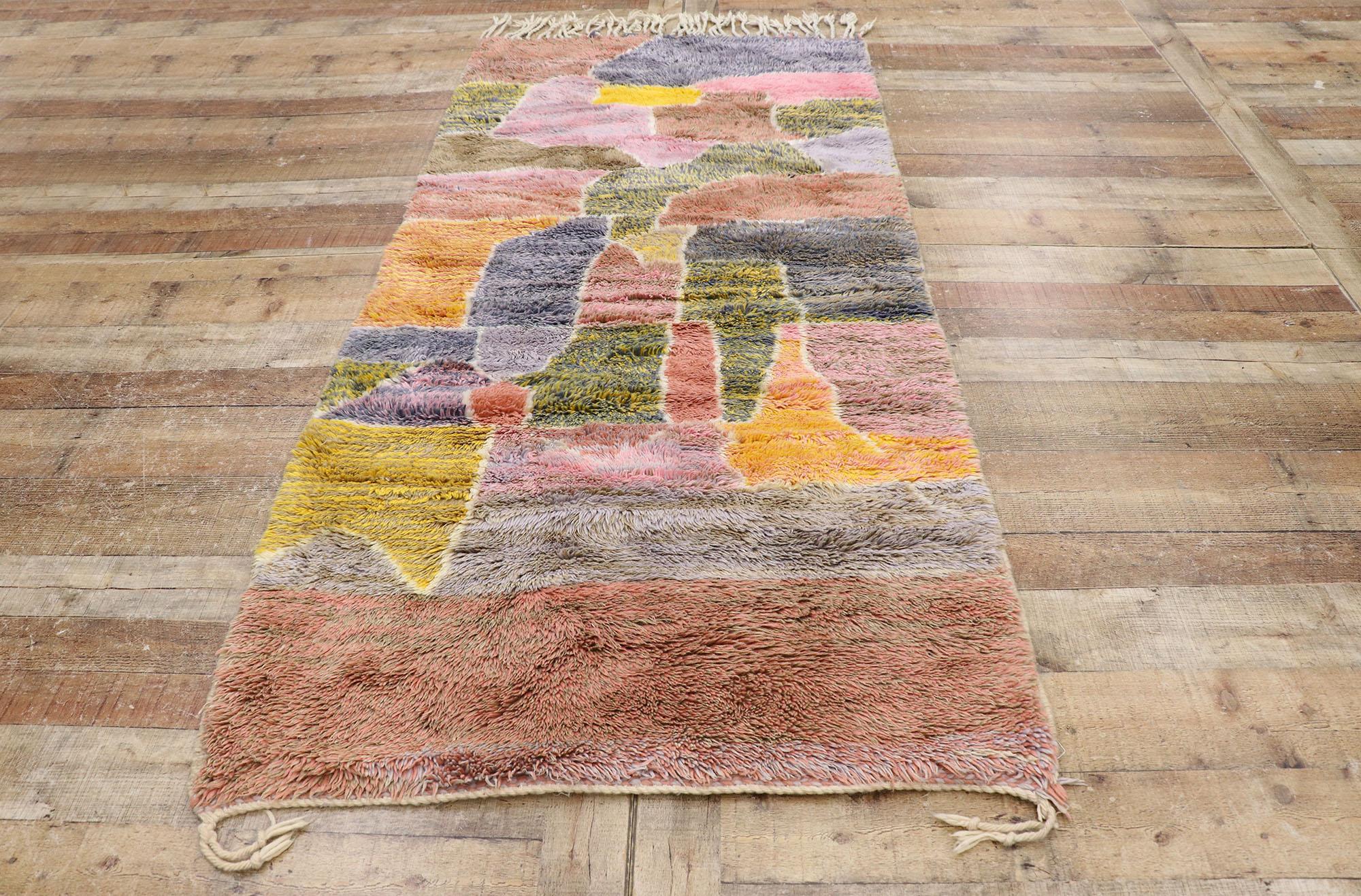 Wool New Colorful Abstract Moroccan Rug with Soft Earth-Tone Colors For Sale
