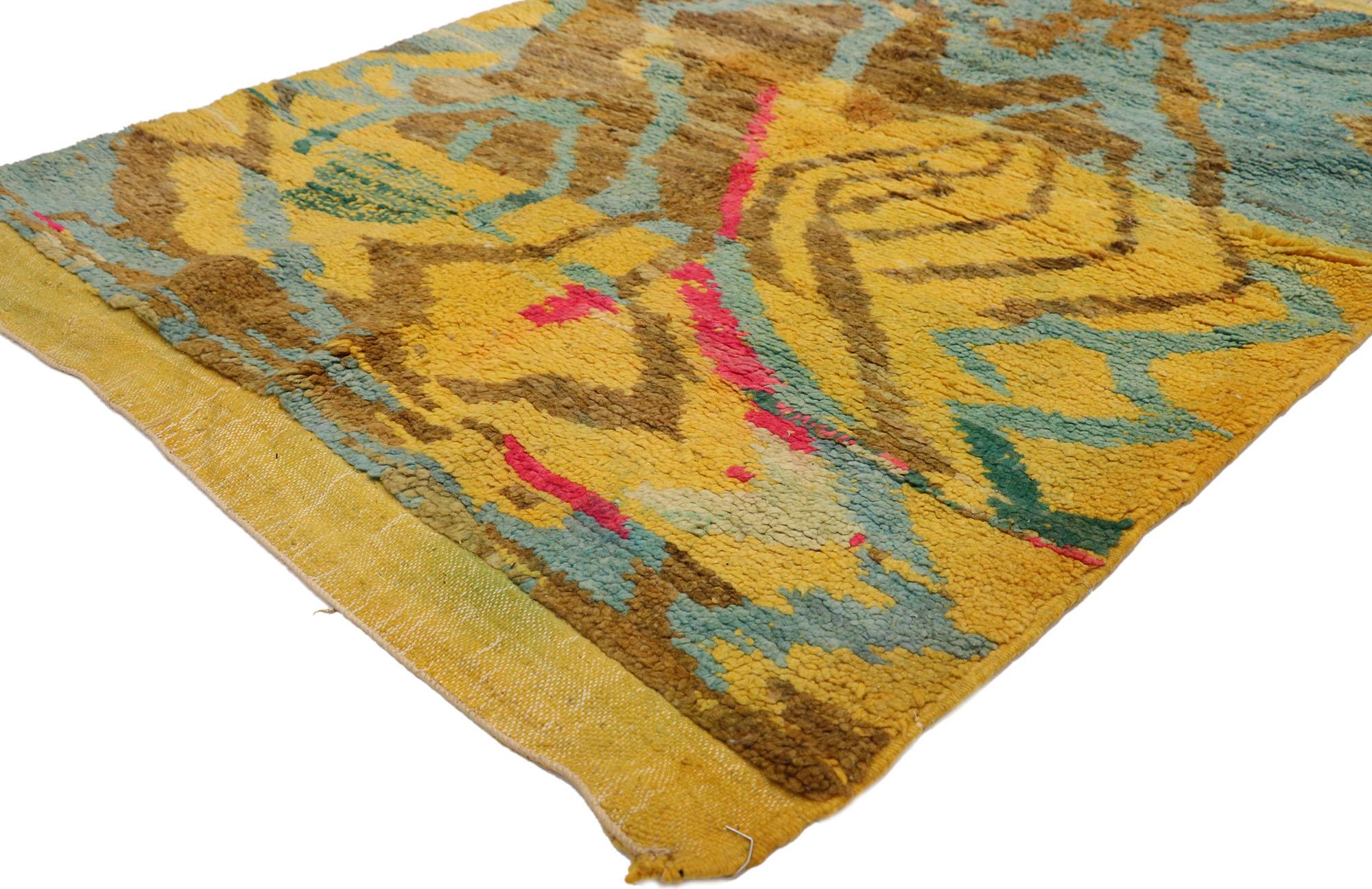 21065 new contemporary Berber Moroccan rug with Abstract Expressionist style. Displaying asymmetrical spontaneity and bursting with poly-chromatic brilliancy, this hand knotted wool contemporary Berber Moroccan rug beautifully embodies Contemporary