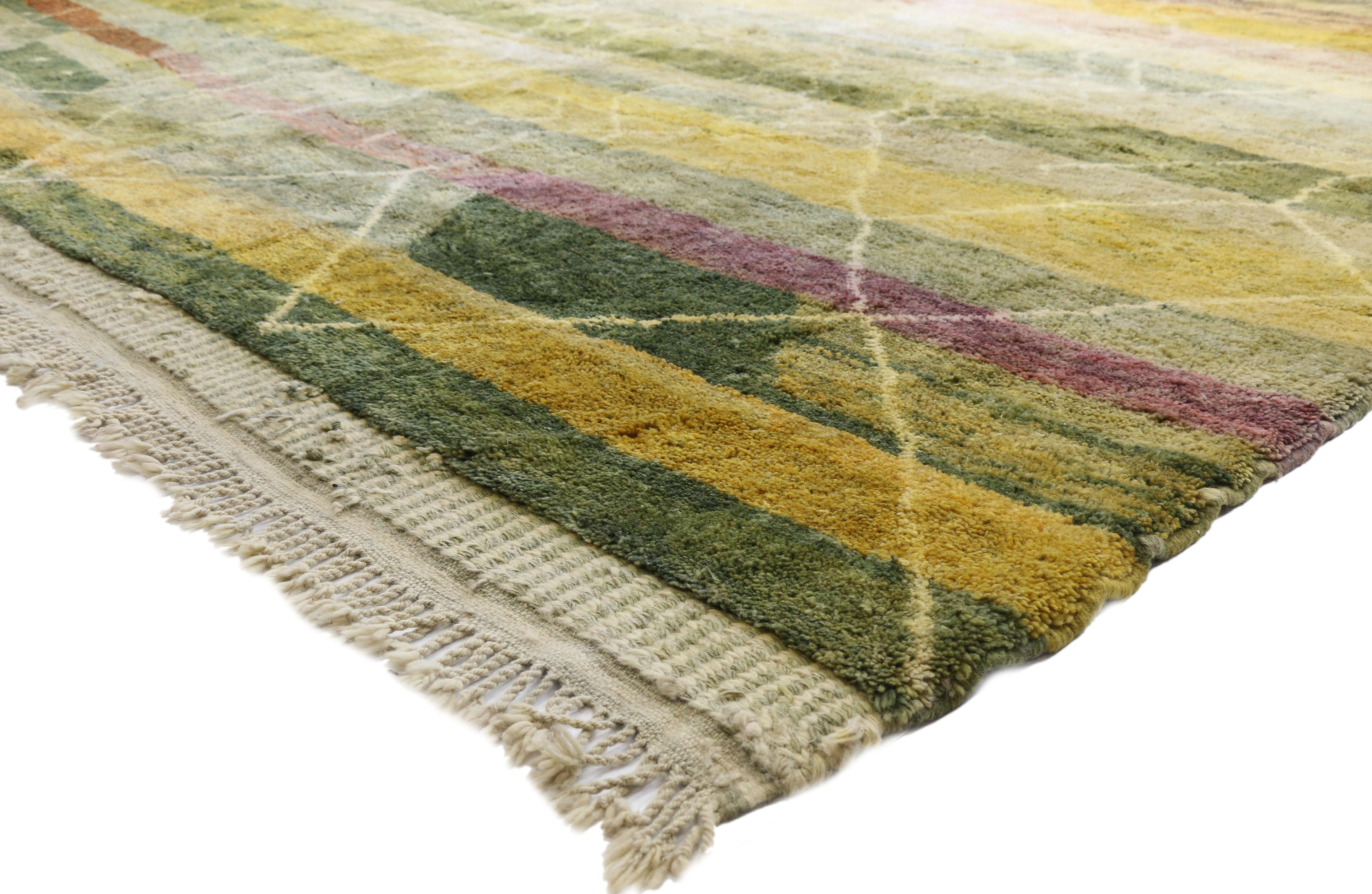 20801, Earthy Berber Moroccan Rug with Modern Biophilic Design, 11'00 x 12'09. This hand knotted wool Berber Moroccan rug features horizontal bands of earthy-greenish hues in a watercolor effect like a lush, layered natural landscape. Showcasing a