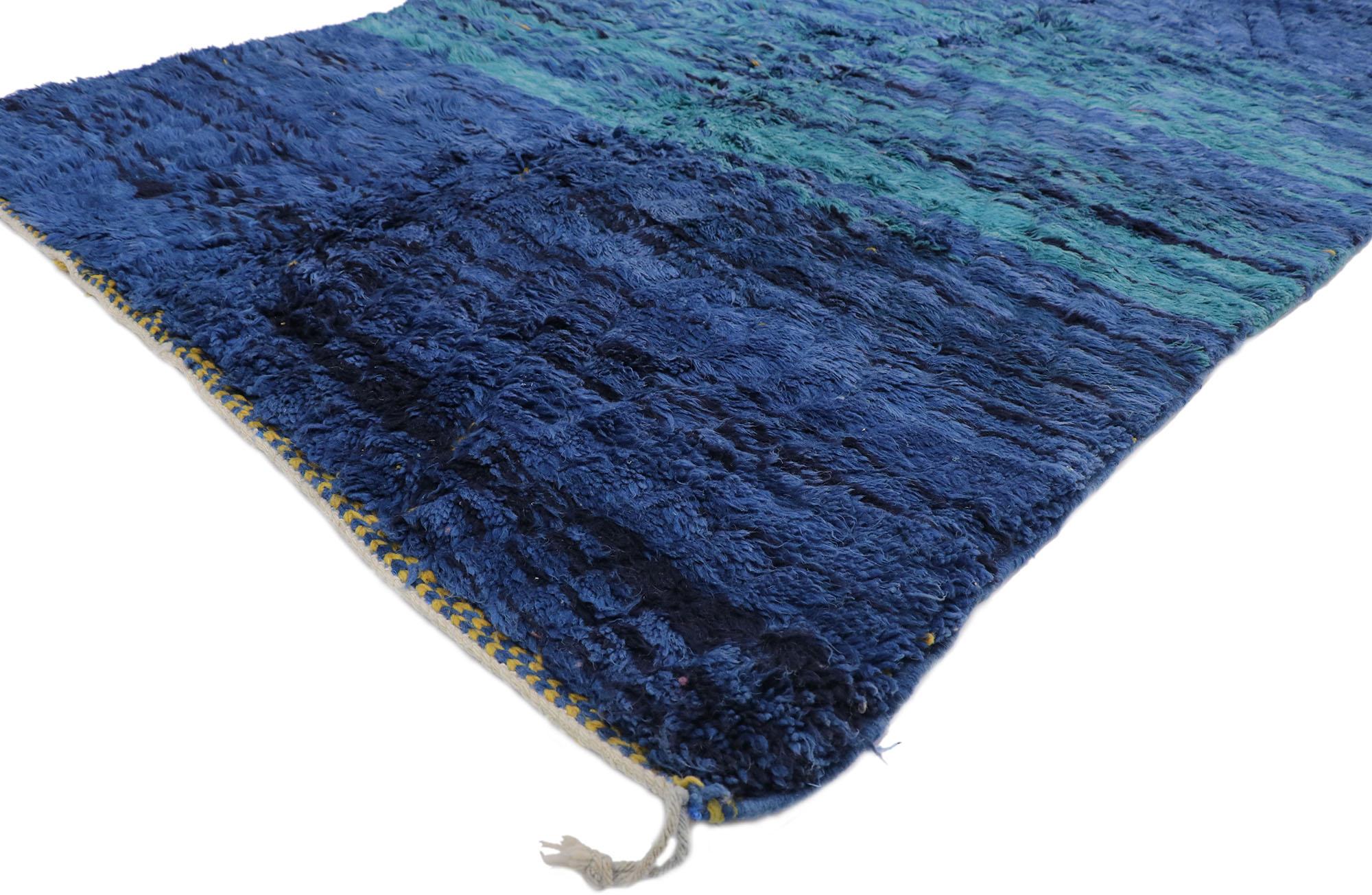 21129 New Blue Berber Moroccan Rug, 04'05 x 08'011. 
Modern Boho Chic style meets Abstract Expressionism in this hand knotted wool Berber Moroccan rug. The hand-carved design and bold blue hues woven into this piece work together creating a truly