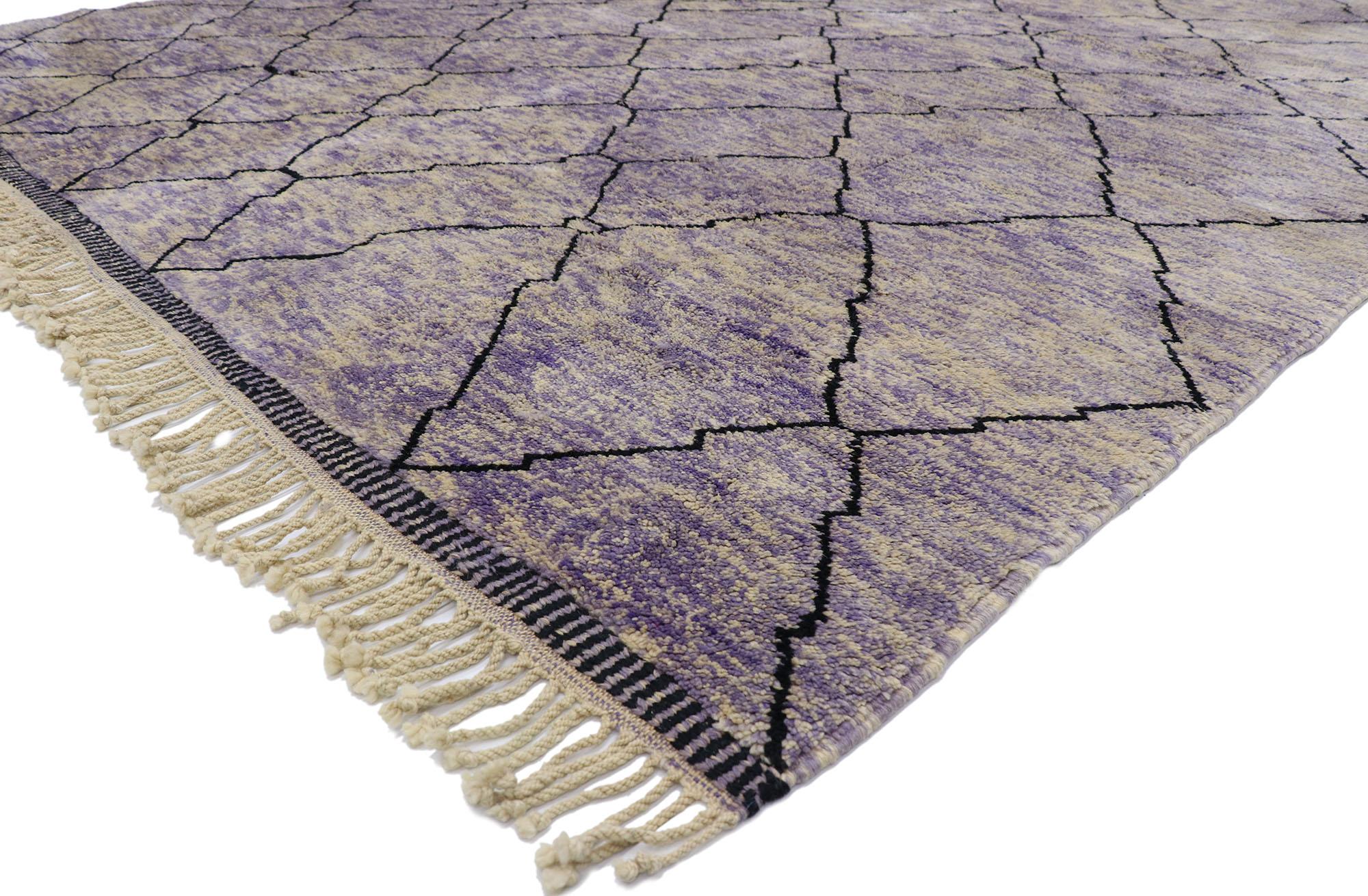 21177, new Contemporary Berber Moroccan rug with Bohemian style. With its bohemian style and plush pile, this hand knotted wool contemporary Berber Moroccan rug is a captivating vision of woven beauty. The abrashed purple field features black lines