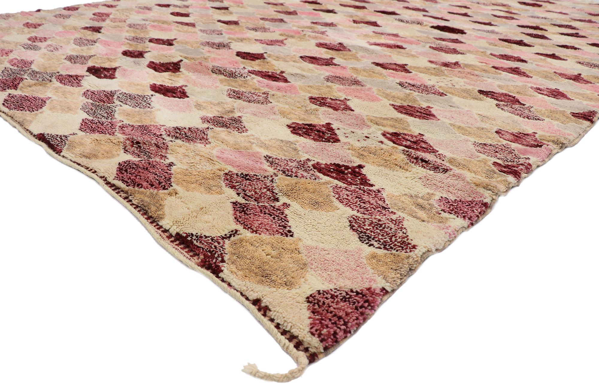 21174 New Contemporary Berber Moroccan Rug with Bohemian Style 10'00 x 13'01. Featuring well-balanced symmetry with a simple design aesthetic, this contemporary Berber Moroccan rug adds texture and subtle graphic appeal forming a warm, relaxed