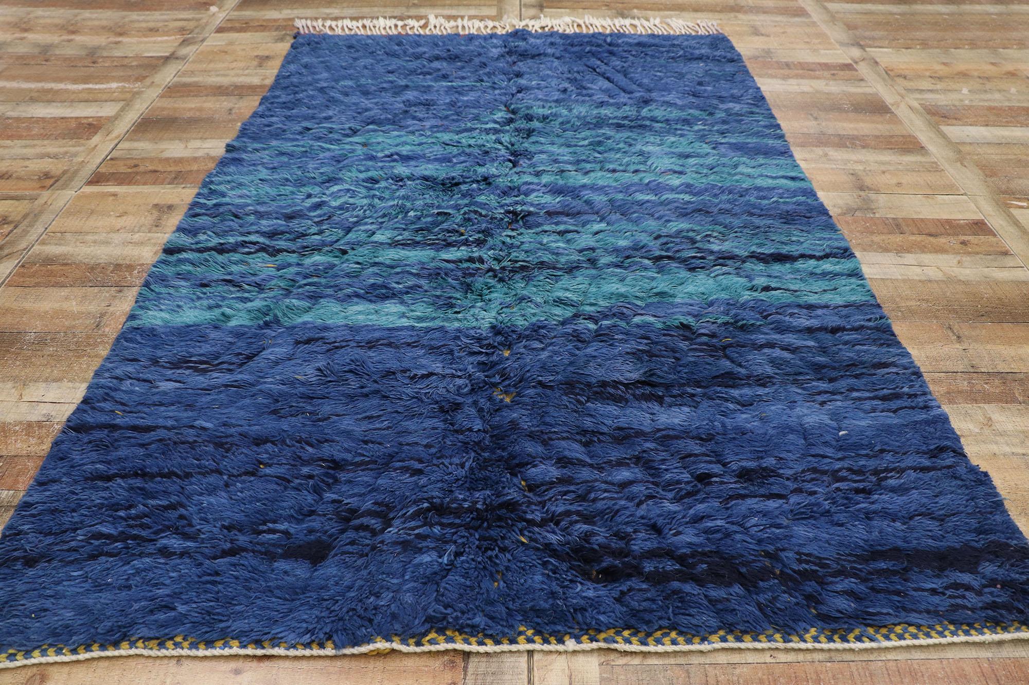 Wool Blue Berber Moroccan Rug, Modern Boho Chic Style Meets Abstract Expressionism For Sale