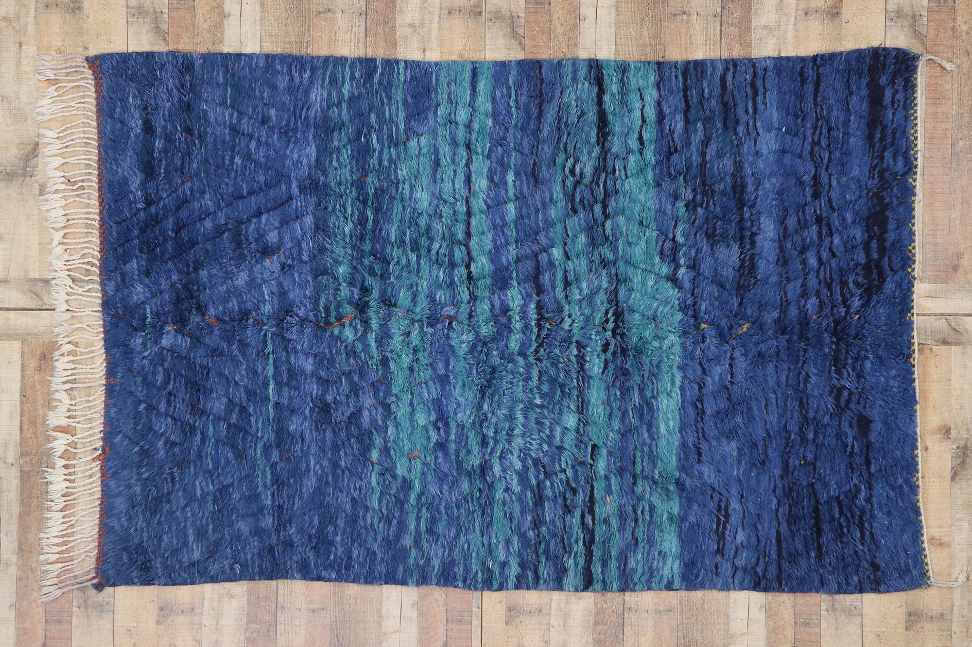 Blue Berber Moroccan Rug, Modern Boho Chic Style Meets Abstract Expressionism For Sale 1