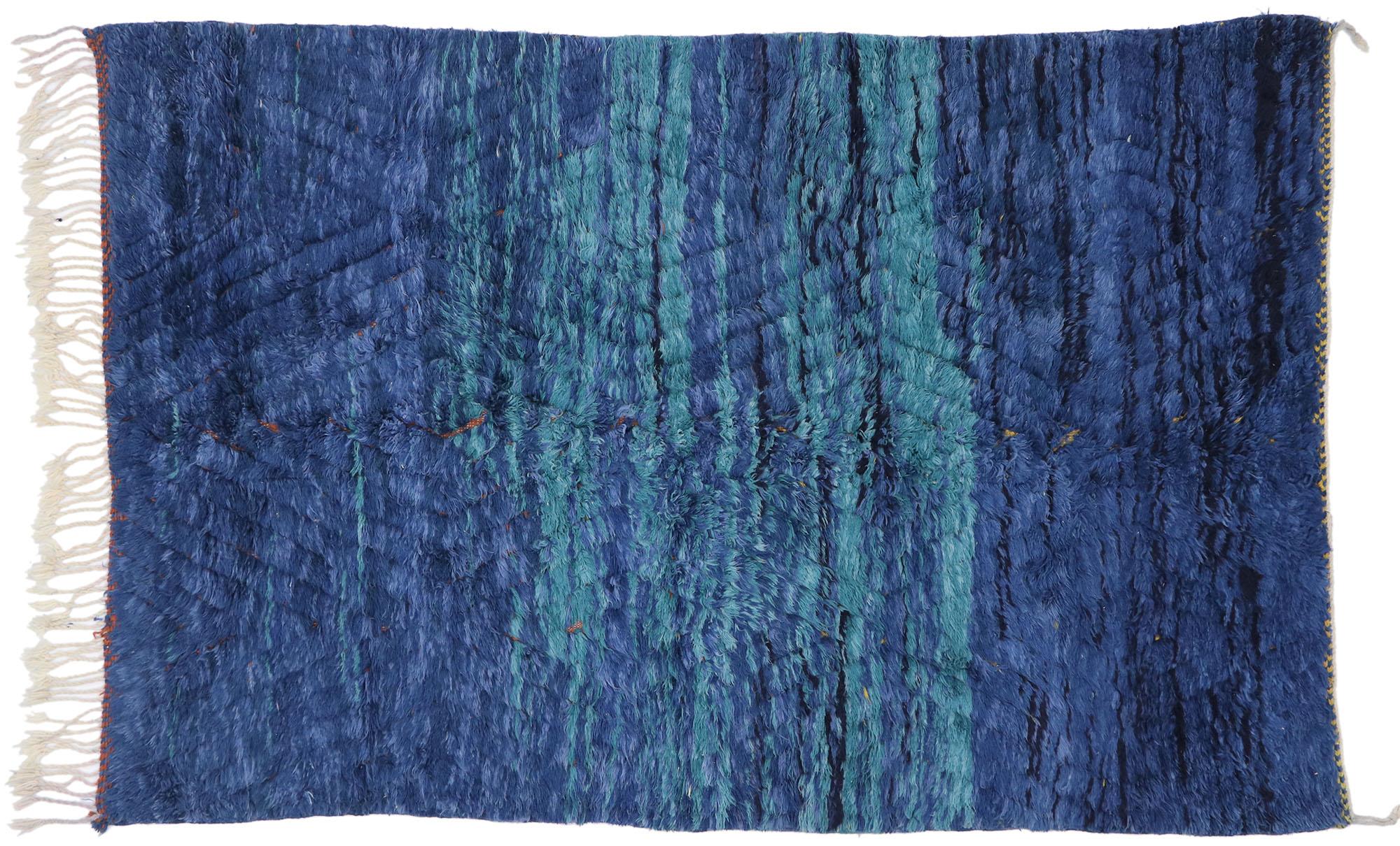 Blue Berber Moroccan Rug, Modern Boho Chic Style Meets Abstract Expressionism For Sale 2