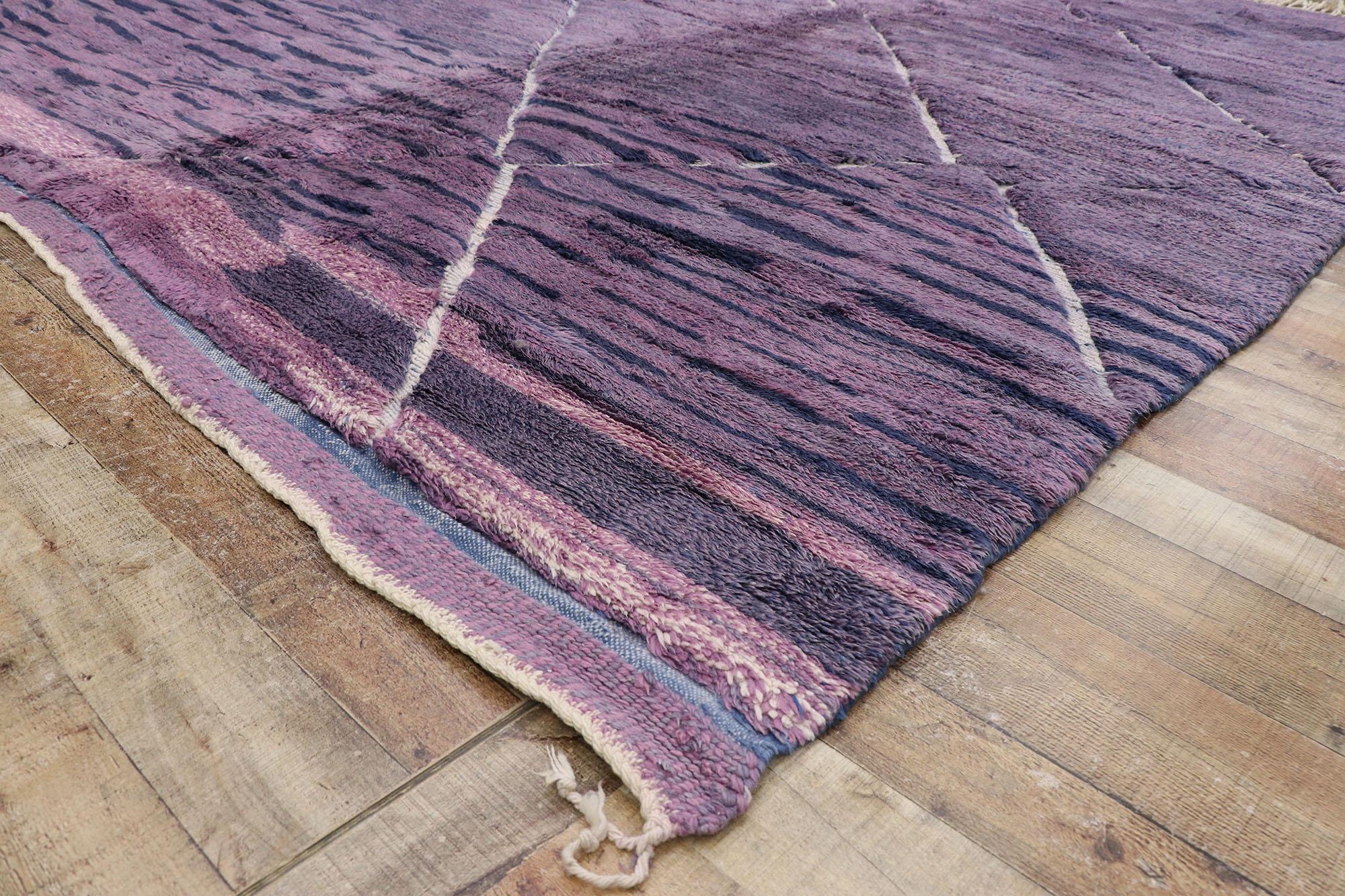 Hand-Knotted Large Purple Abstract Moroccan Rug, Modern Boho Meets Hygge Luxe For Sale