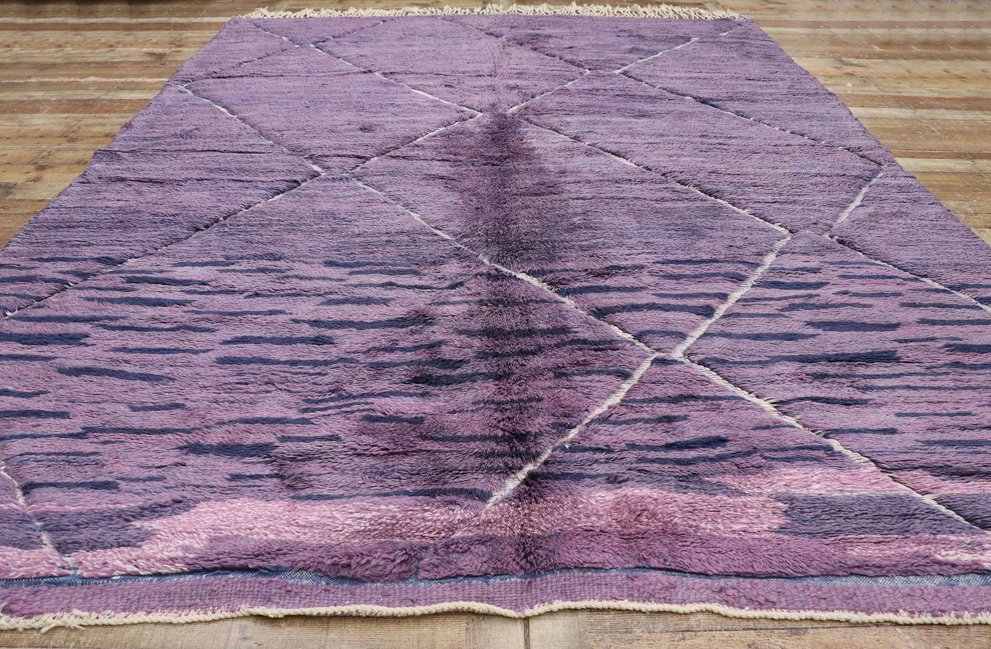 Contemporary Large Purple Abstract Moroccan Rug, Modern Boho Meets Hygge Luxe For Sale