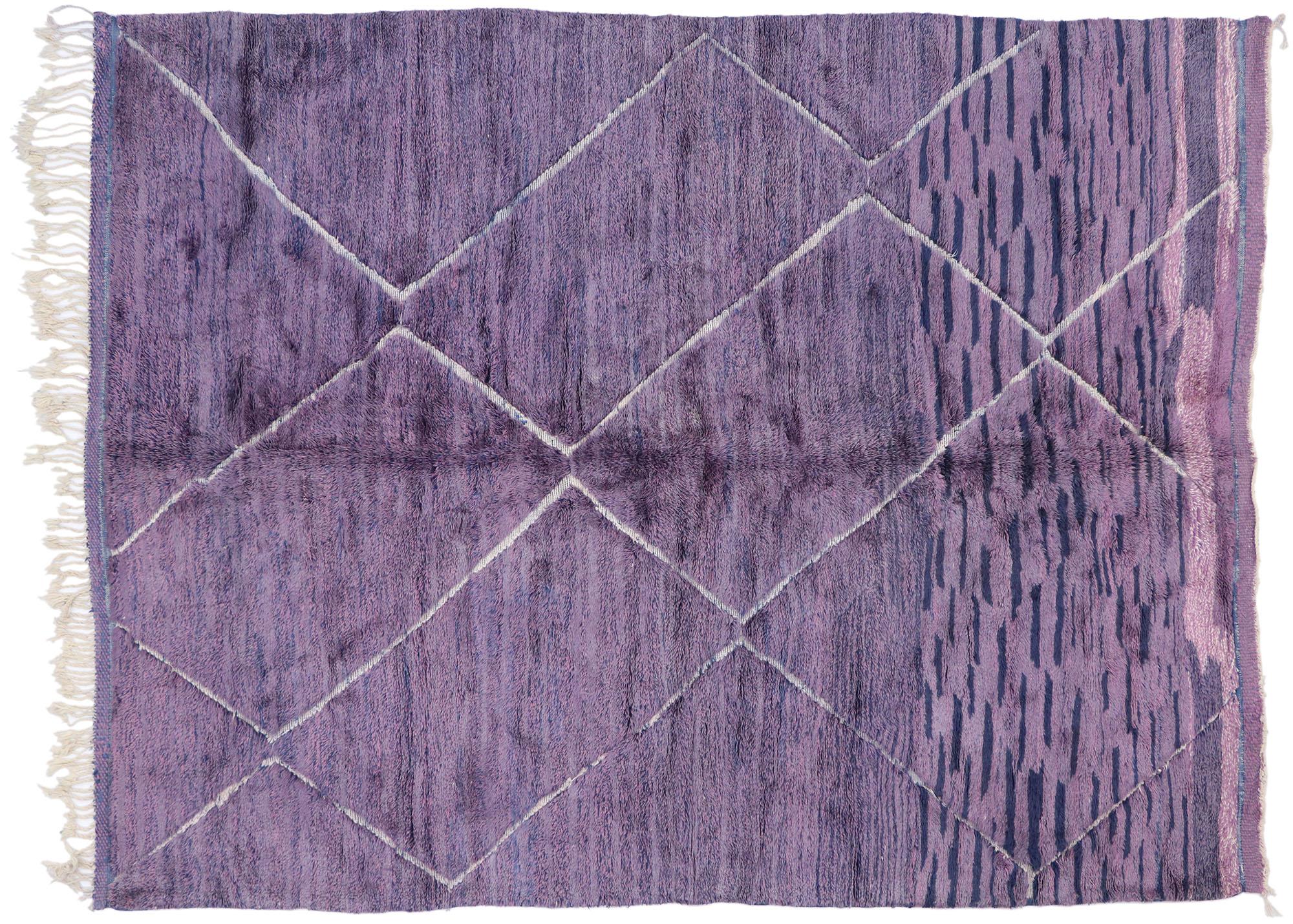 Large Purple Abstract Moroccan Rug, Modern Boho Meets Hygge Luxe For Sale 1