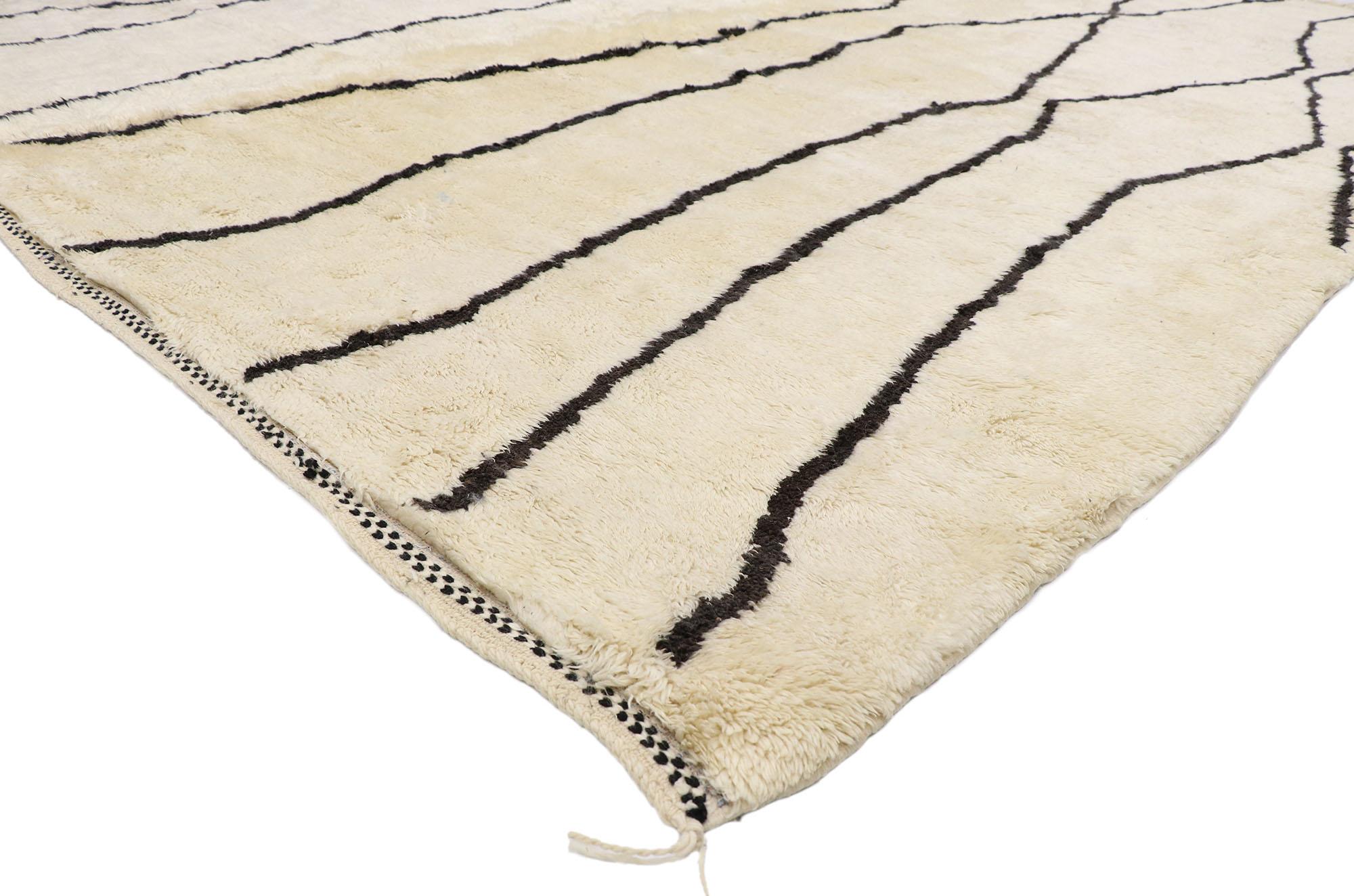 21123 New Large Authentic Berber Moroccan rug with Minimalist Style 11'00 x 13'02. With its balanced asymmetry, plush pile and linear art form, this hand knotted wool contemporary Moroccan rug displays all the intrigue of minimalist style with