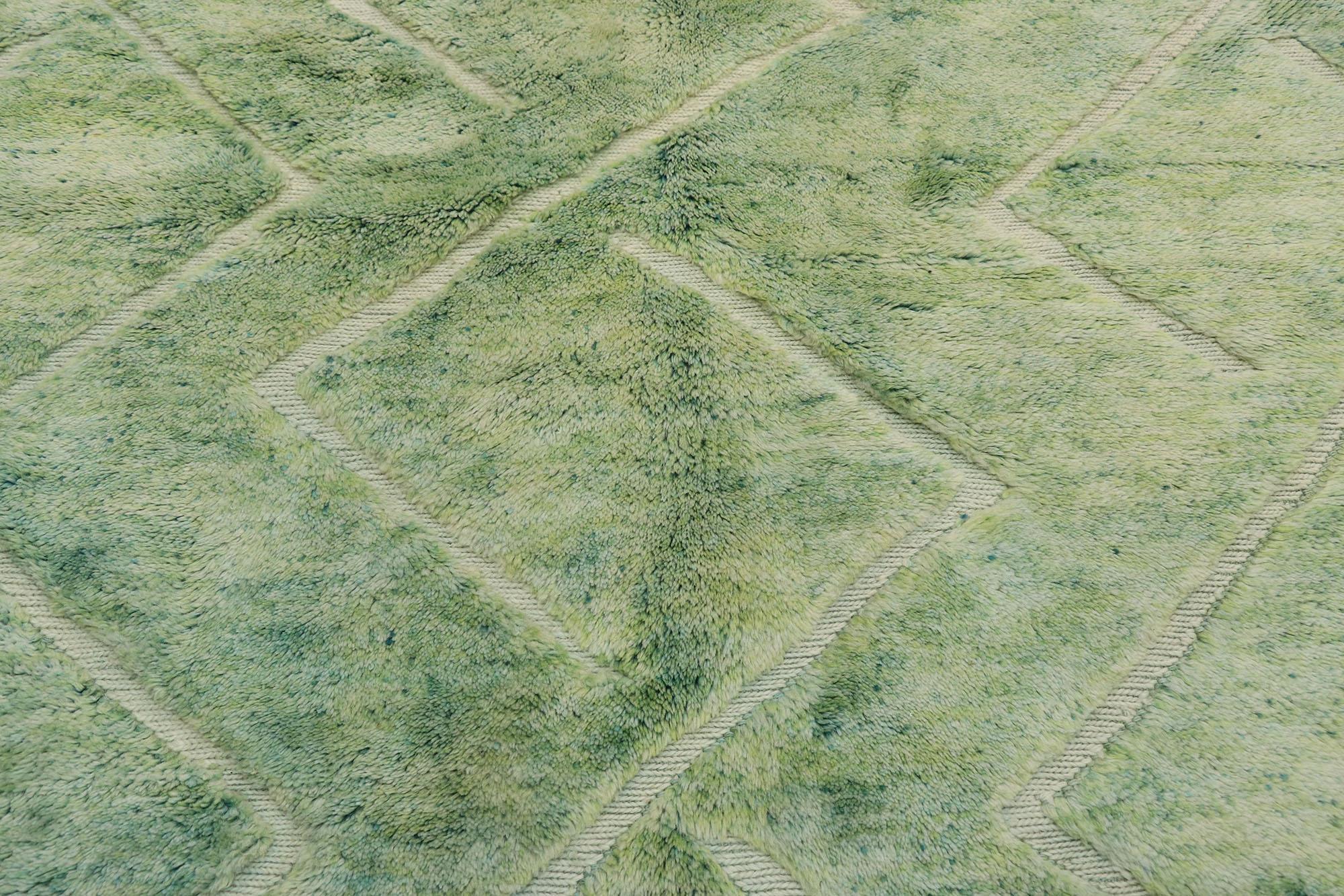 Hand-Knotted Soft Green Earth-Tone Berber Moroccan Rug with Modern Biophilic Design