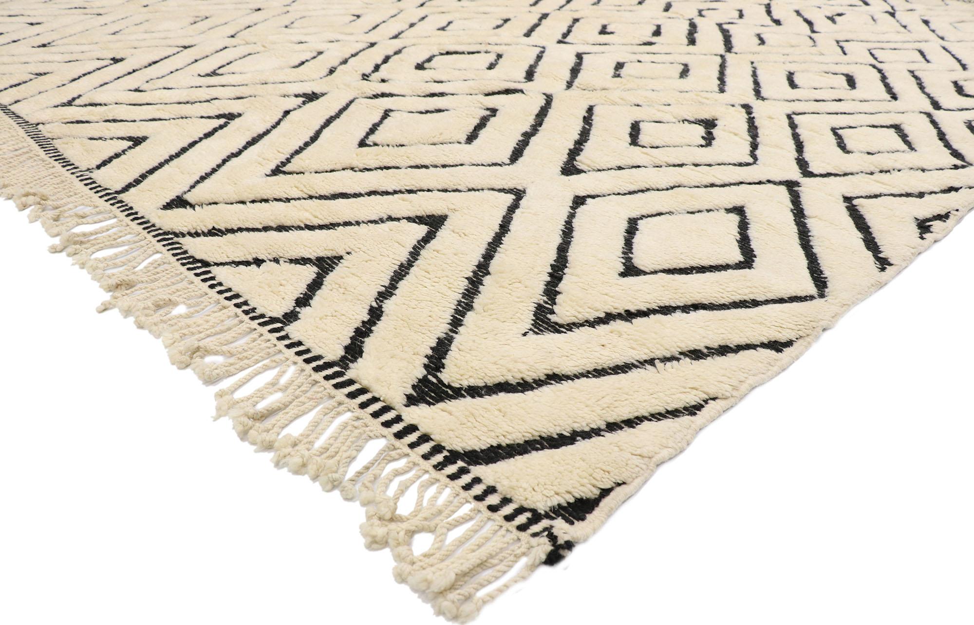 21158 new Contemporary Berber Moroccan rug with Modernist style 10'00 x 12'06. With its simplicity, plush pile and modernist style, this hand knotted wool contemporary Berber Moroccan rug is a captivating vision of woven beauty. It features carved
