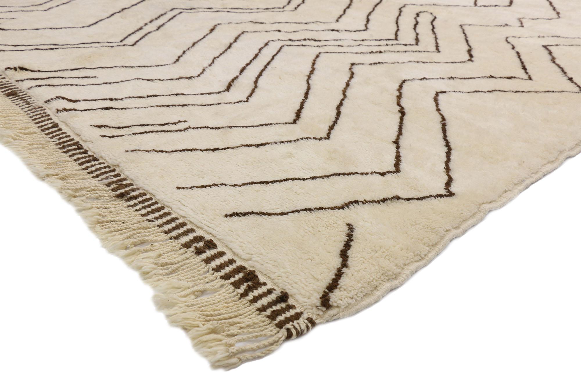 20807 New Contemporary Berber Moroccan Rug with Mid-Century Modern 09'04 x 11'02. This hand knotted wool contemporary Berber Moroccan rug features espresso-coffee colored lines run the length of the abrashed creamy-vanilla field in an organic