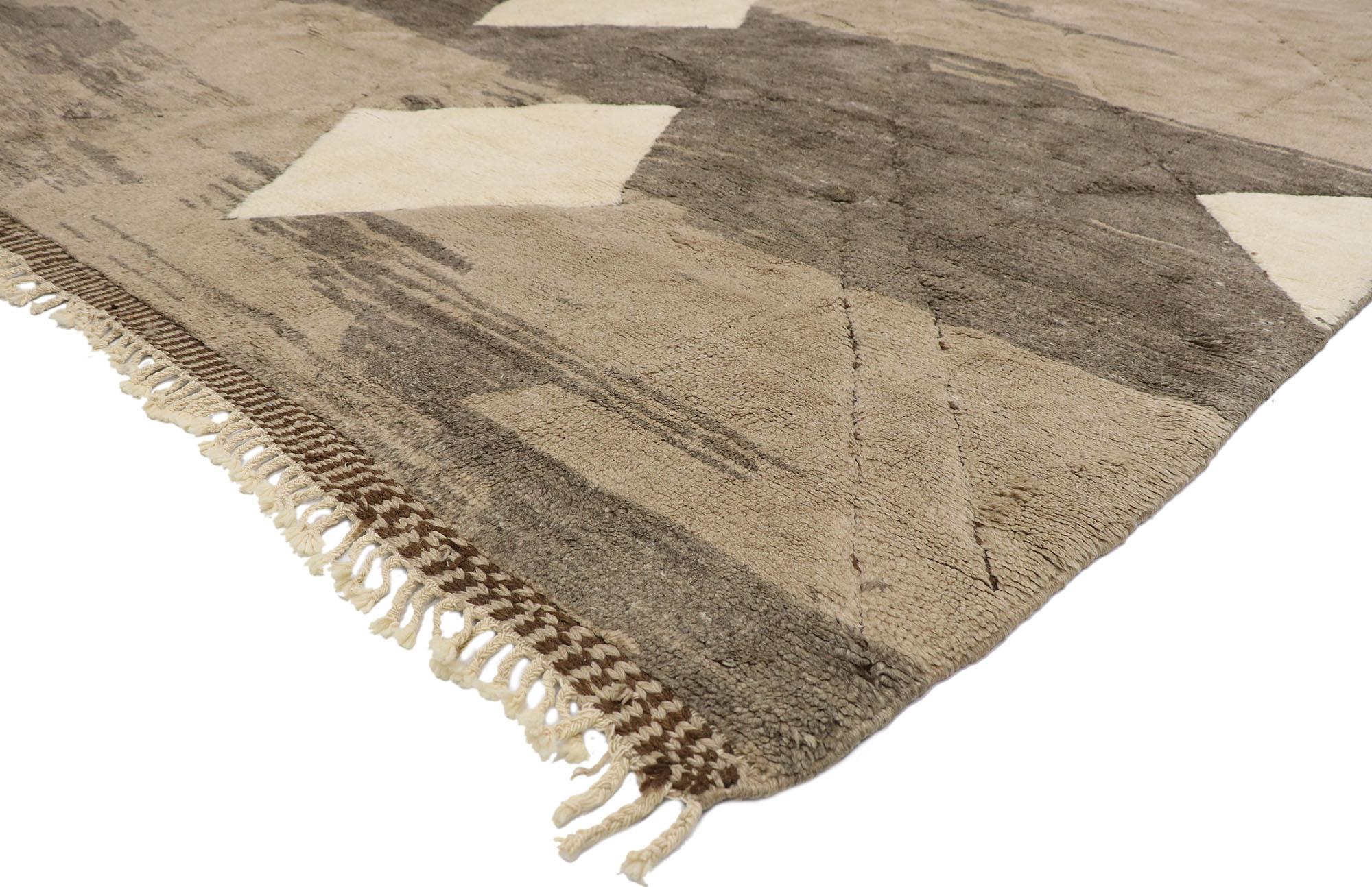 21161 New Contemporary Berber Moroccan rug with Organic Modern Style 10'08 x 12'10. With its simplicity, plush pile and neutral colors, this hand knotted wool contemporary Berber Moroccan rug provides a feeling of cozy contentment without the