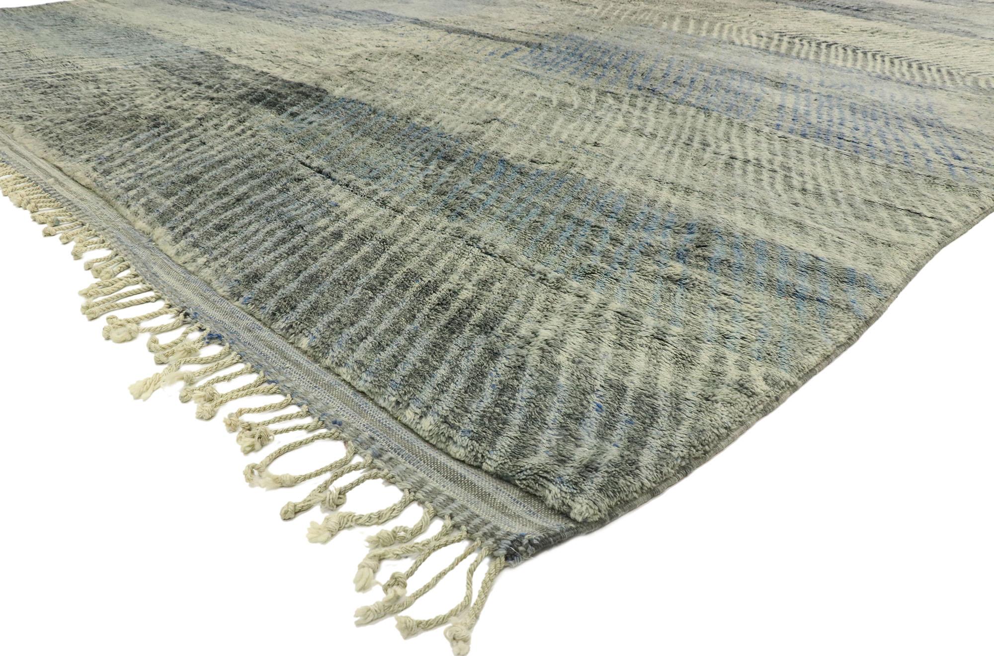 20523 New Contemporary Berber Moroccan Rug with Abstract Linear Design and Plush Pile 10'02 x 13'04. Displaying asymmetrical spontaneity and gradations of color, this hand knotted wool contemporary Berber Moroccan area rug features a linear design