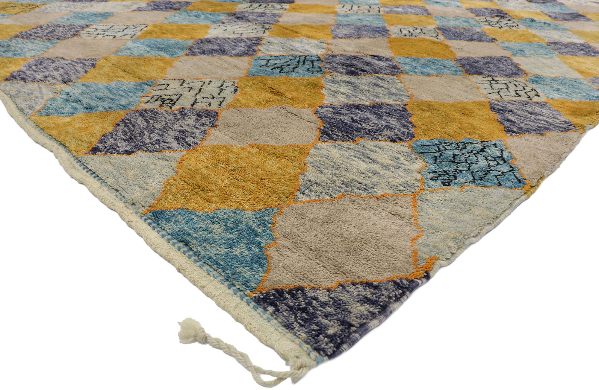 21173 New Contemporary Berber Moroccan rug with Preppy Boho Style 10'03 x 13'03. Preppy argyle meets boho chic with a twist. Showcasing a bold expressive design, incredible detail and texture, this hand knotted wool contemporary Berber Moroccan rug