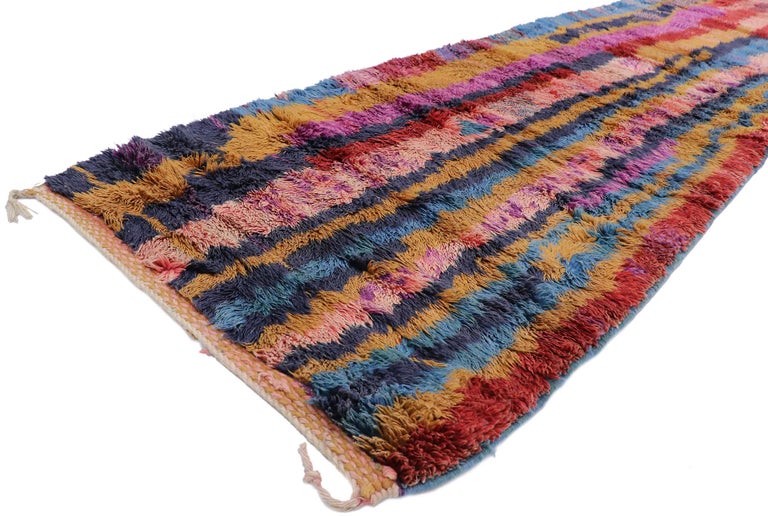 21125 New Contemporary Berber Moroccan Runner Inspired by Hans Hofmann 03'02 x 10'03. Showcasing a bold expressive design, incredible detail and texture, this hand knotted wool contemporary Berber Moroccan runner is a captivating vision of woven