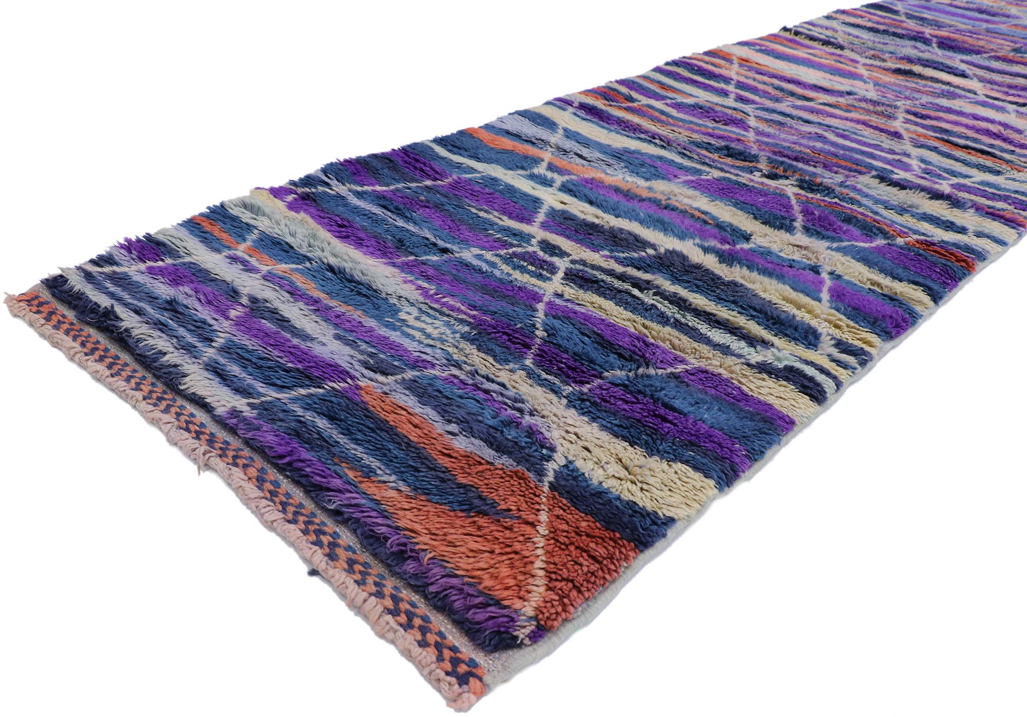 21091 New Contemporary Berber Moroccan runner inspired by Sol LeWitt 02'07 x 13'05. Showcasing a bold expressive design, incredible detail and texture, this hand knotted wool contemporary Berber Moroccan runner is a captivating vision of woven