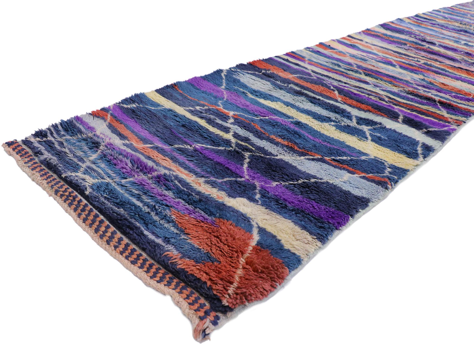 21093 New Contemporary Berber Moroccan runner Inspired by Sol LeWitt 02'06 x 13'09. Showcasing a bold expressive design, incredible detail and texture, this hand knotted wool contemporary Berber Moroccan runner is a captivating vision of woven