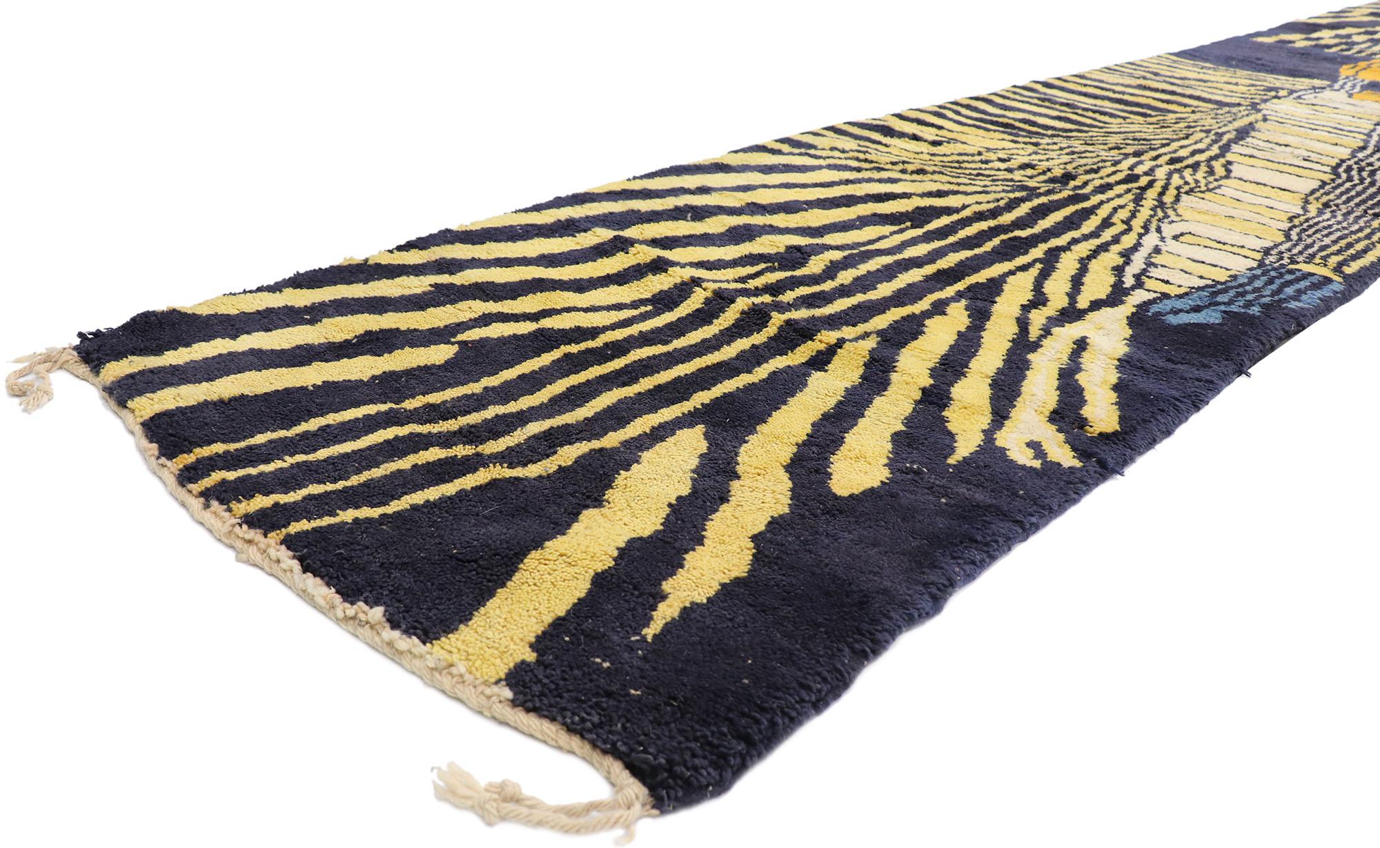 21134 New Extra-Long Berber Moroccan rug runner with Abstract Biophilic Design 03'02 x 23'09. Reflecting elements of nature with a twist of abstract expressionism, this hand knotted wool contemporary Berber Moroccan runner awakens the soul with
