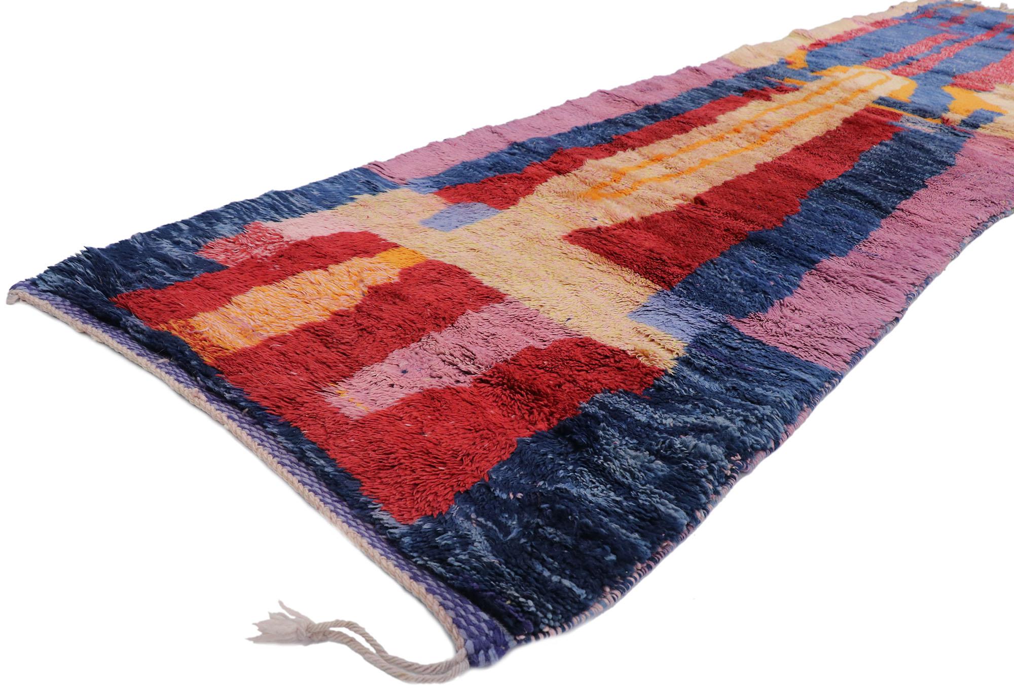 21127 New Contemporary Berber Moroccan runner with Abstract Expressionist Style 03'00 x 12'01. Showcasing a bold expressive design, incredible detail and texture, this hand knotted wool contemporary Berber Moroccan runner is a captivating vision of