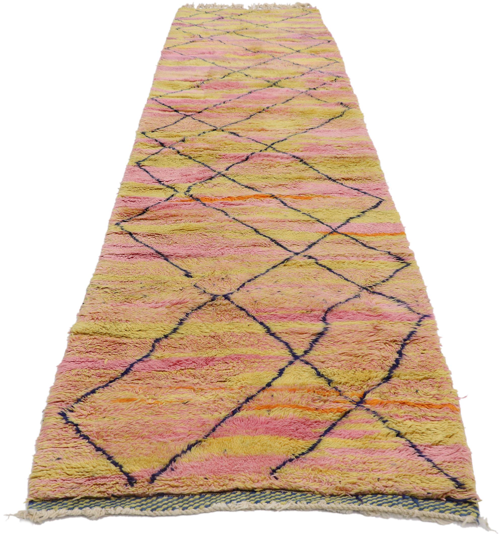 Hand-Knotted New Colorful Abstract Moroccan Runner with Bohemian Style For Sale