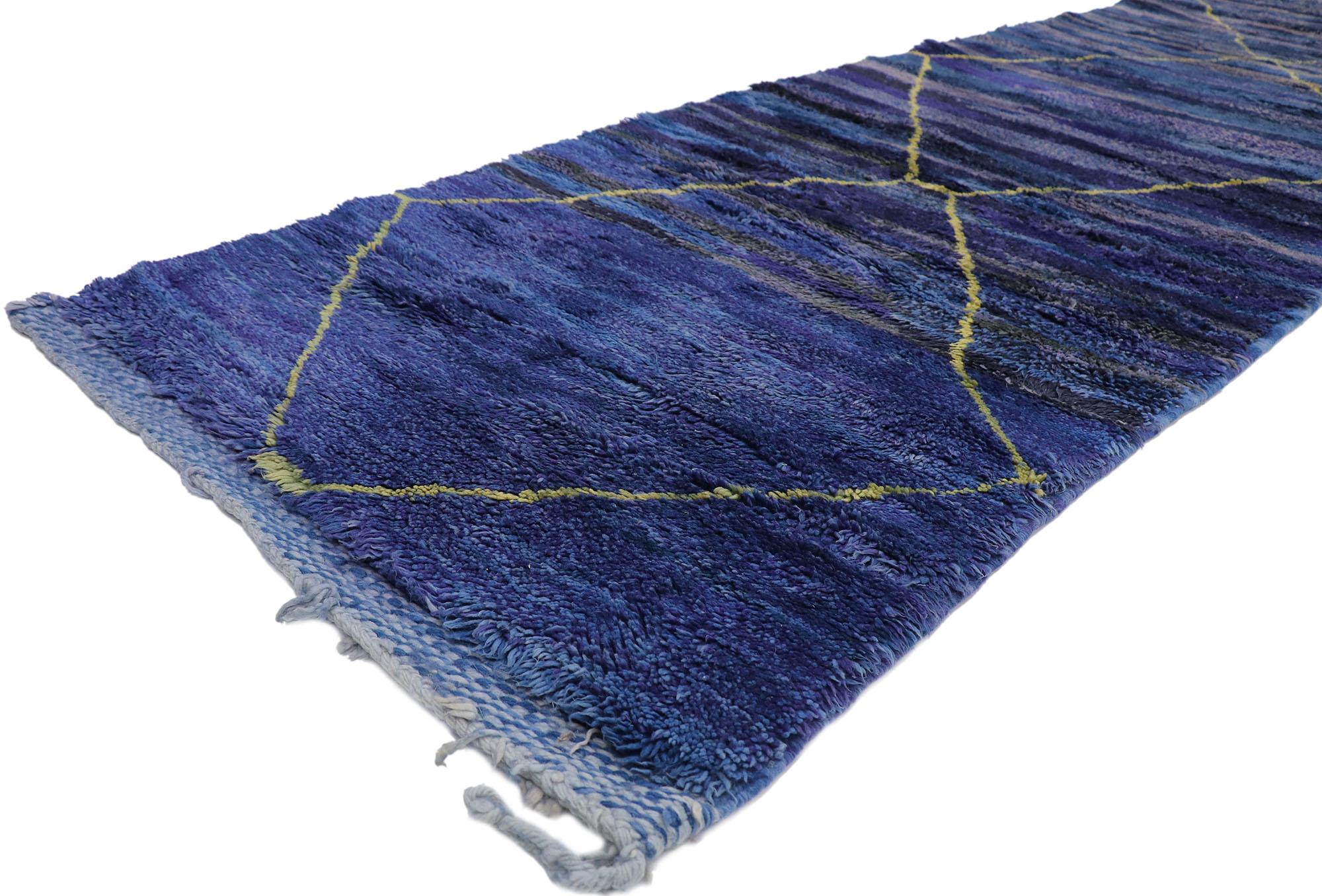 21135 New Long Blue Moroccan Runner, 03'01 x 17'02.
Showcasing a bold expressive design, incredible detail and texture, this hand knotted wool extra-long blue Moroccan runner is a captivating vision of woven beauty. The bold geometric pattern and