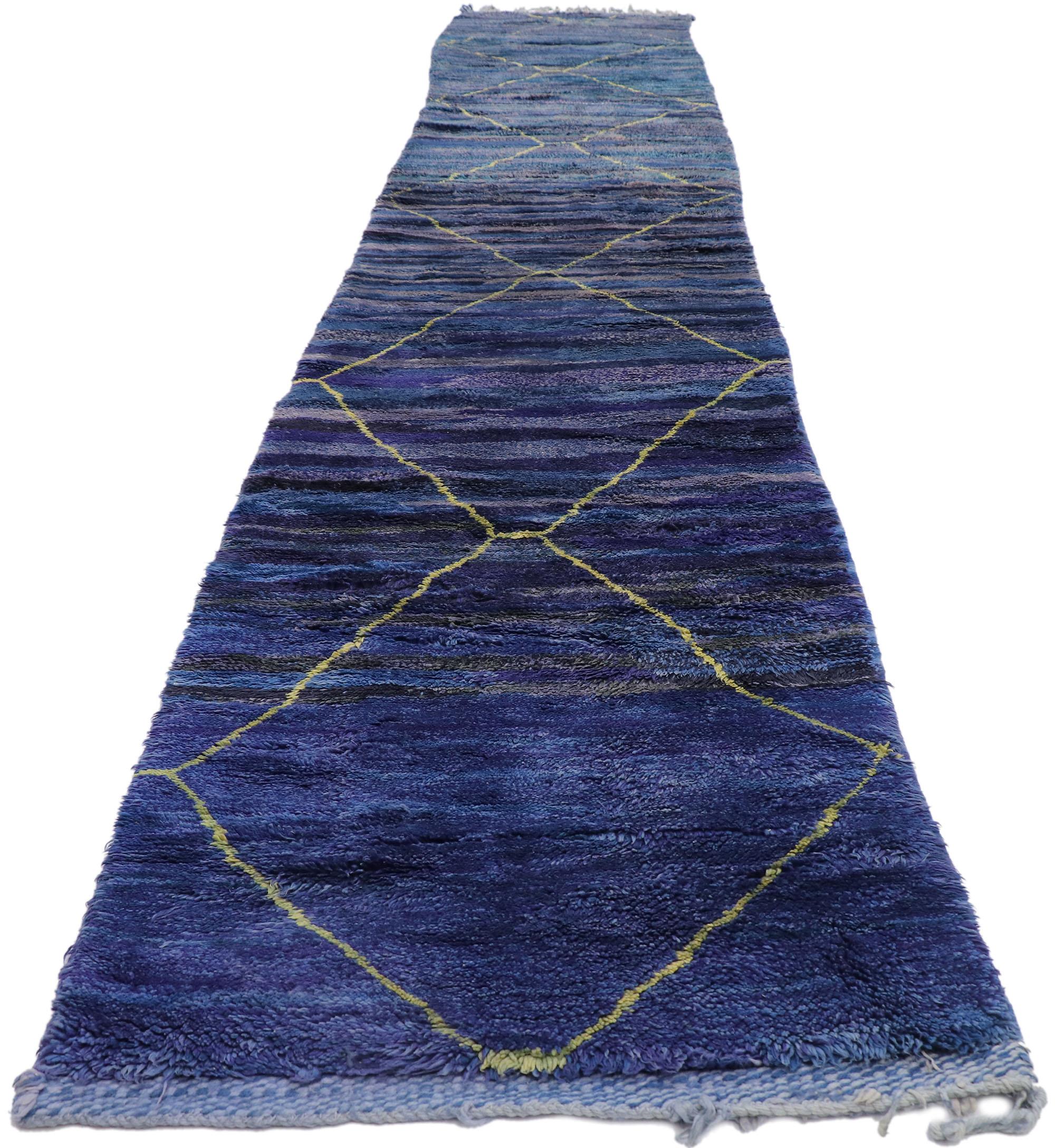 Expressionist Long Blue Abstract Moroccan Rug Runner by Berber Tribes of Morocco For Sale