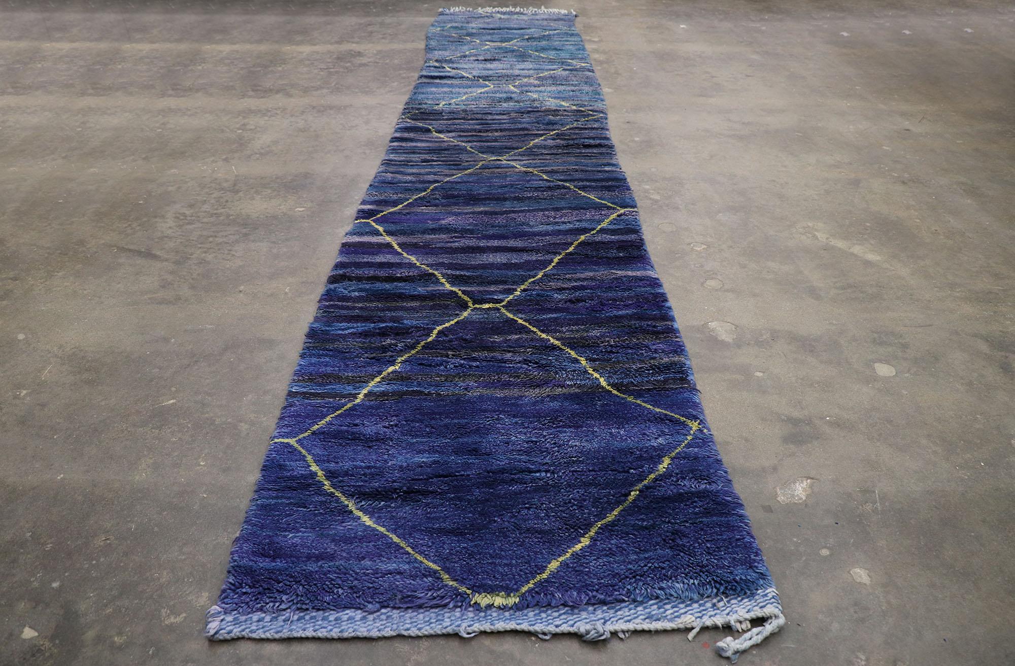 Wool Long Blue Abstract Moroccan Rug Runner by Berber Tribes of Morocco For Sale