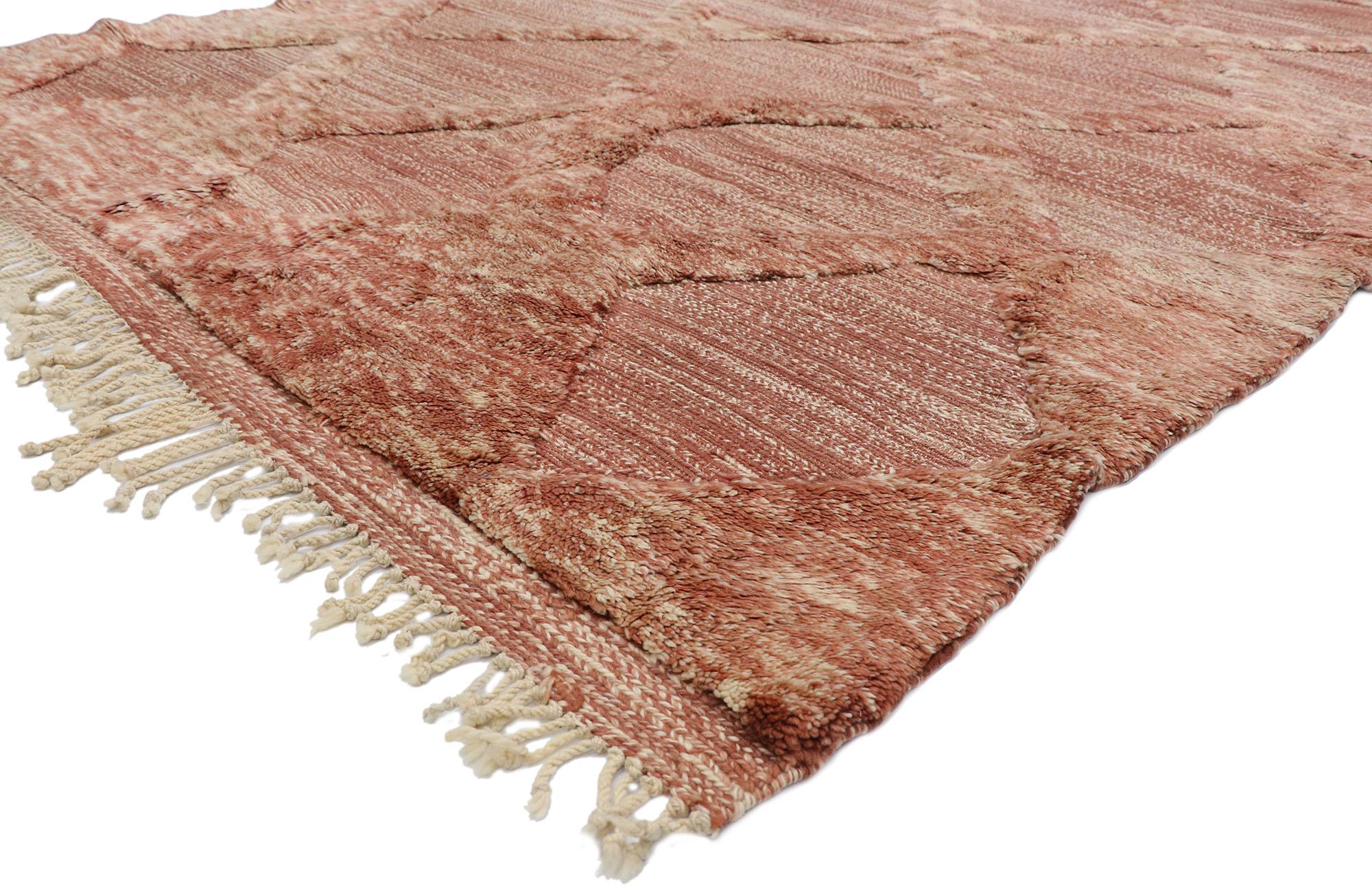 21159 new Contemporary Berber Moroccan Souf Kilim rug with Rustic Boho style 07'01 x 09'10. With a strong sense of dimensionality and asymmetry, this hand-woven contemporary Berber Moroccan Kilim rug is engaging, yet well balanced creating a