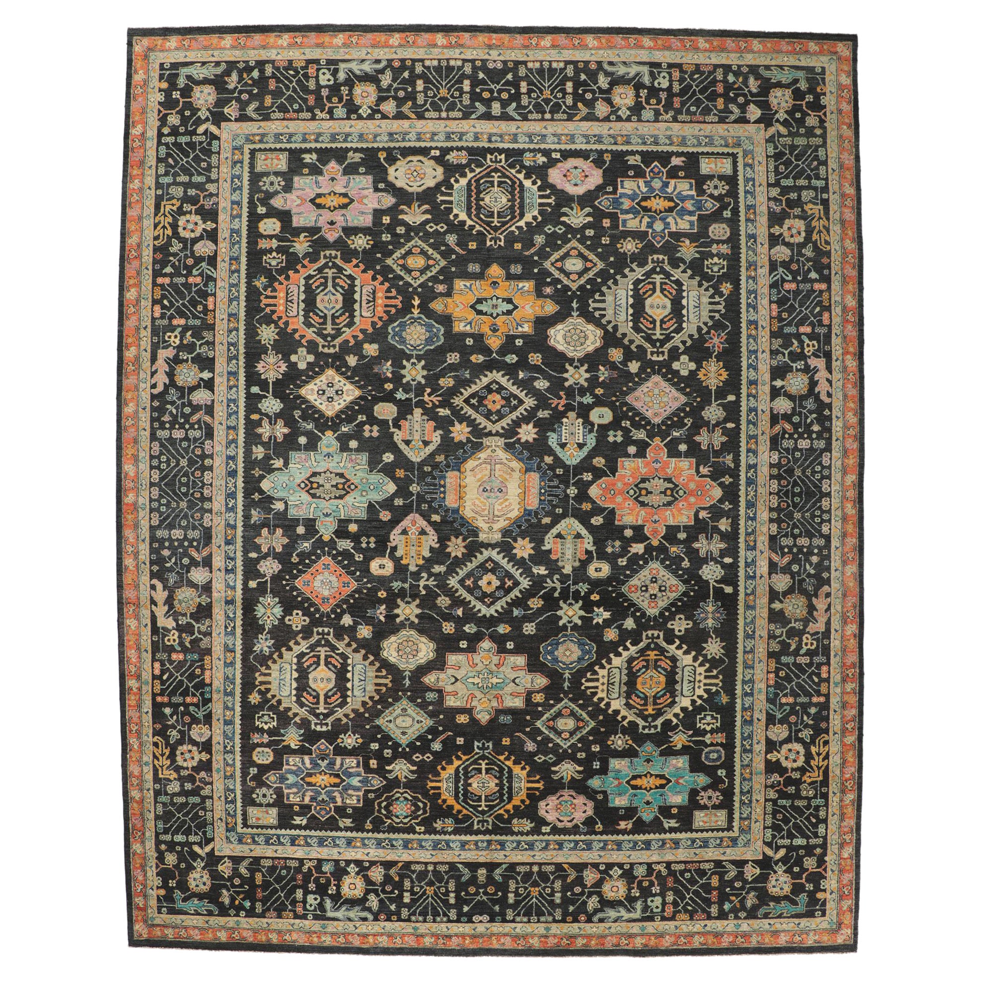 New Contemporary Black Modern Oushak Rug, 11'11 x 15'00