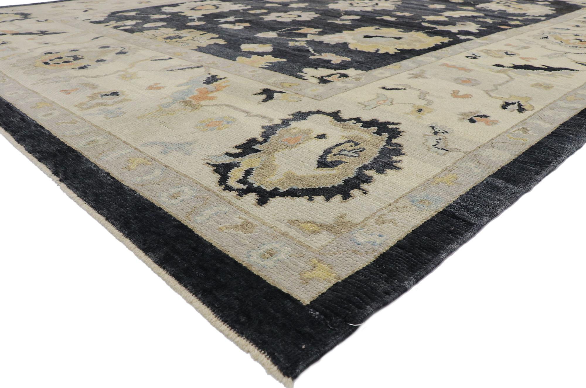 52737 new contemporary black Turkish Oushak rug with modern style 11'01 x 14'08. With its elegant sophistication and ornate detailing, this hand knotted wool contemporary Turkish Oushak rug is poised to impress. The abrashed black and charcoal gray