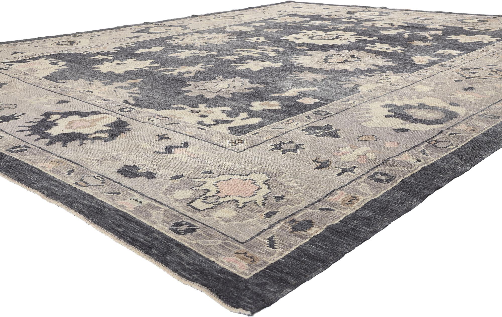 52362 Modern Black Oushak Turkish Rug, 10'00 x 12'05. In this exquisite hand-knotted wool Turkish Oushak rug, the intersection of contemporary elegance and the alluring essence of Organic Modern style unfolds. A luxuriously striated expanse in
