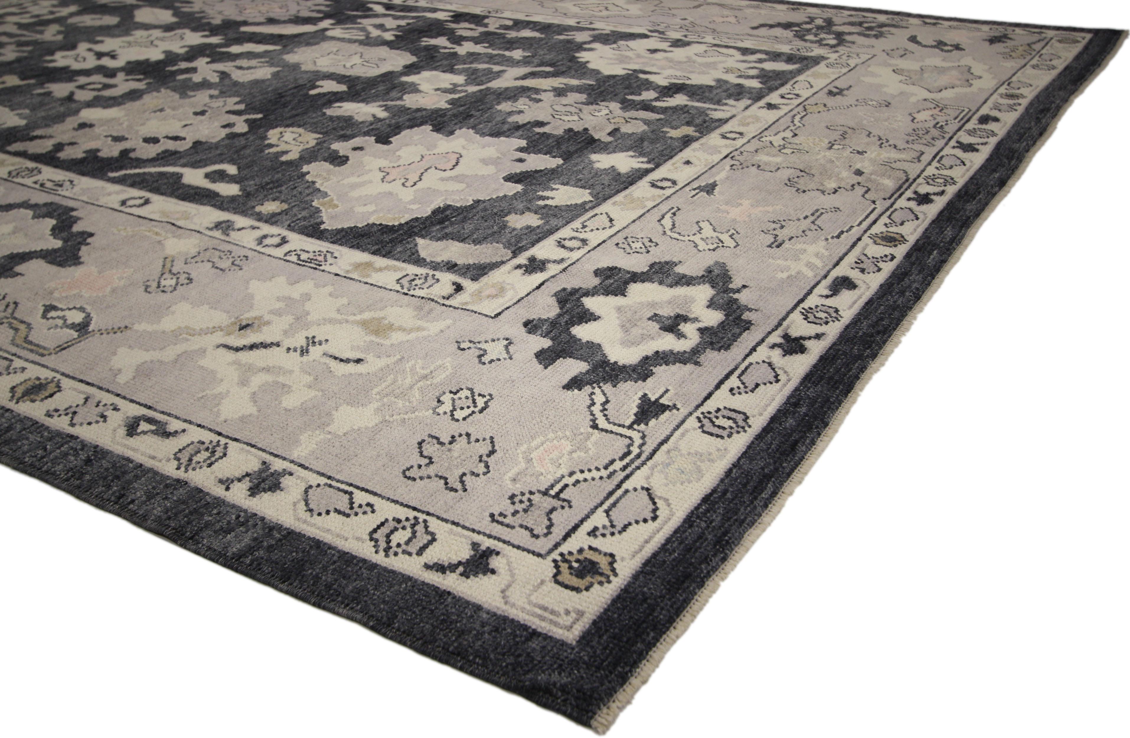 52361 New contemporary black Turkish Oushak rug with Modern Style 09'04 x 12'01. With its elegant sophistication and ornate detailing, this hand-knotted wool contemporary Turkish Oushak area rug embodies Directoire style with Hollywood Regency glam.