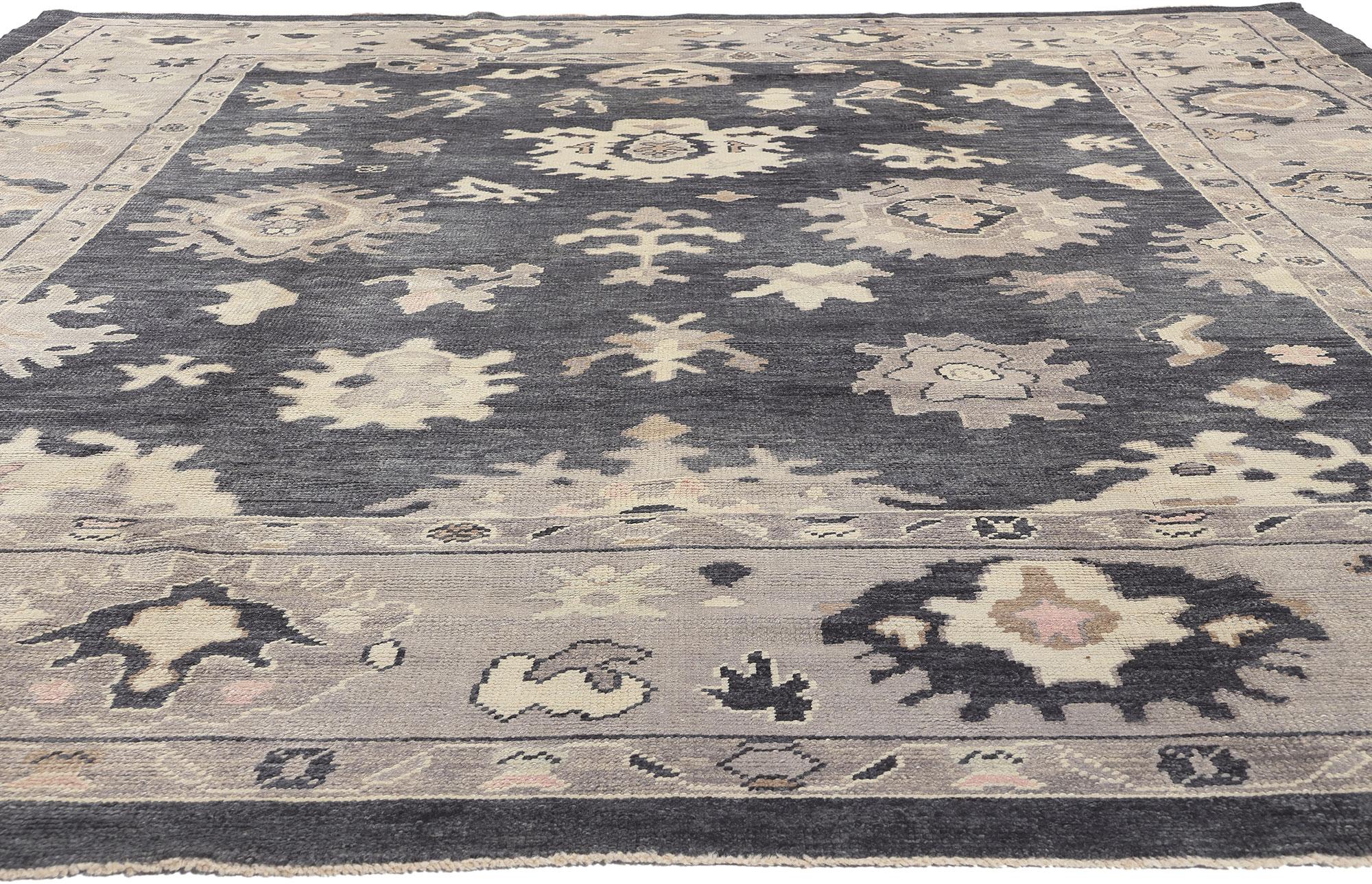 Hand-Knotted Black Oushak Turkish Rug, Contemporary Elegance Meets Organic Modern For Sale
