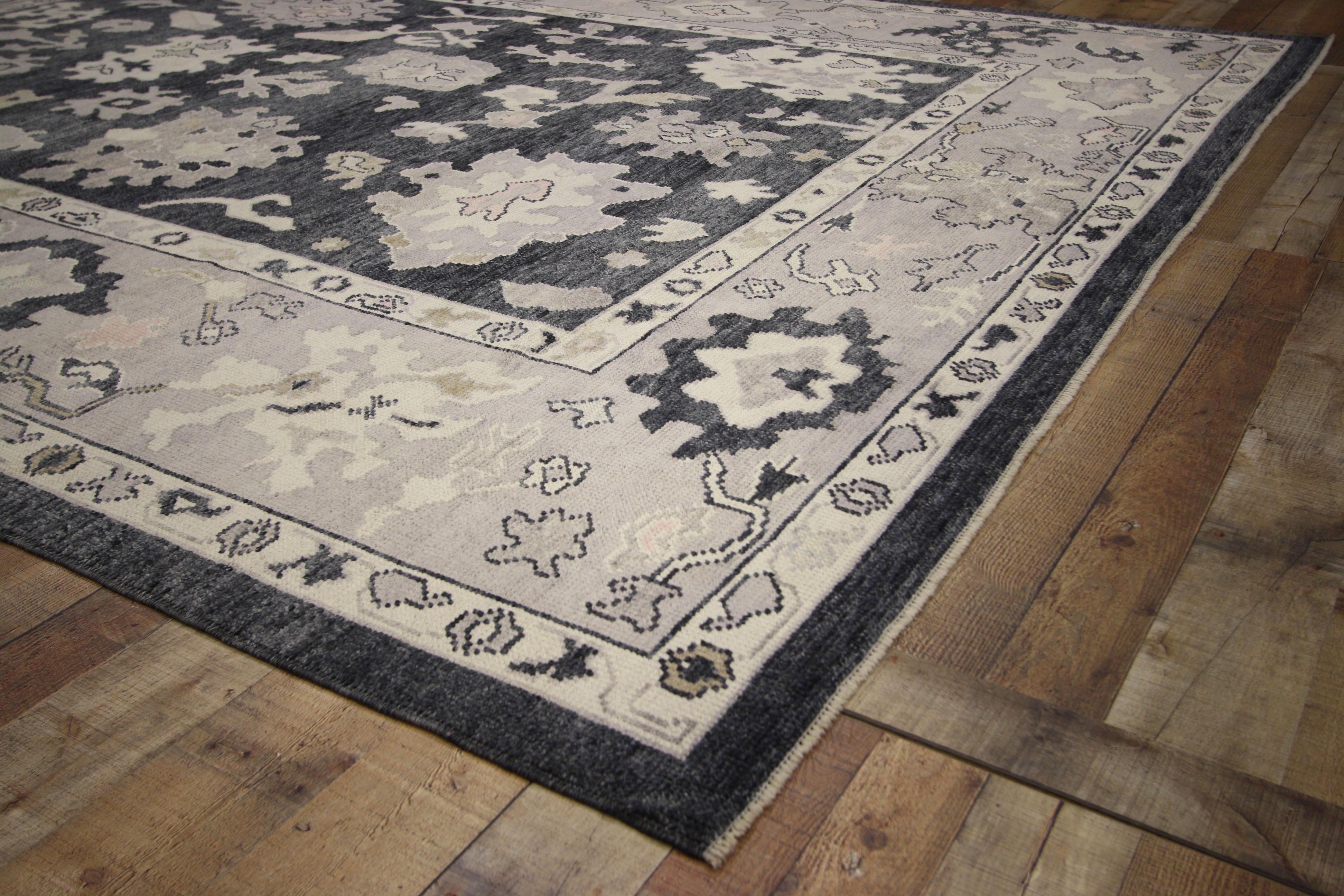 Hand-Knotted New Contemporary Black Turkish Oushak Rug with Modern Style For Sale