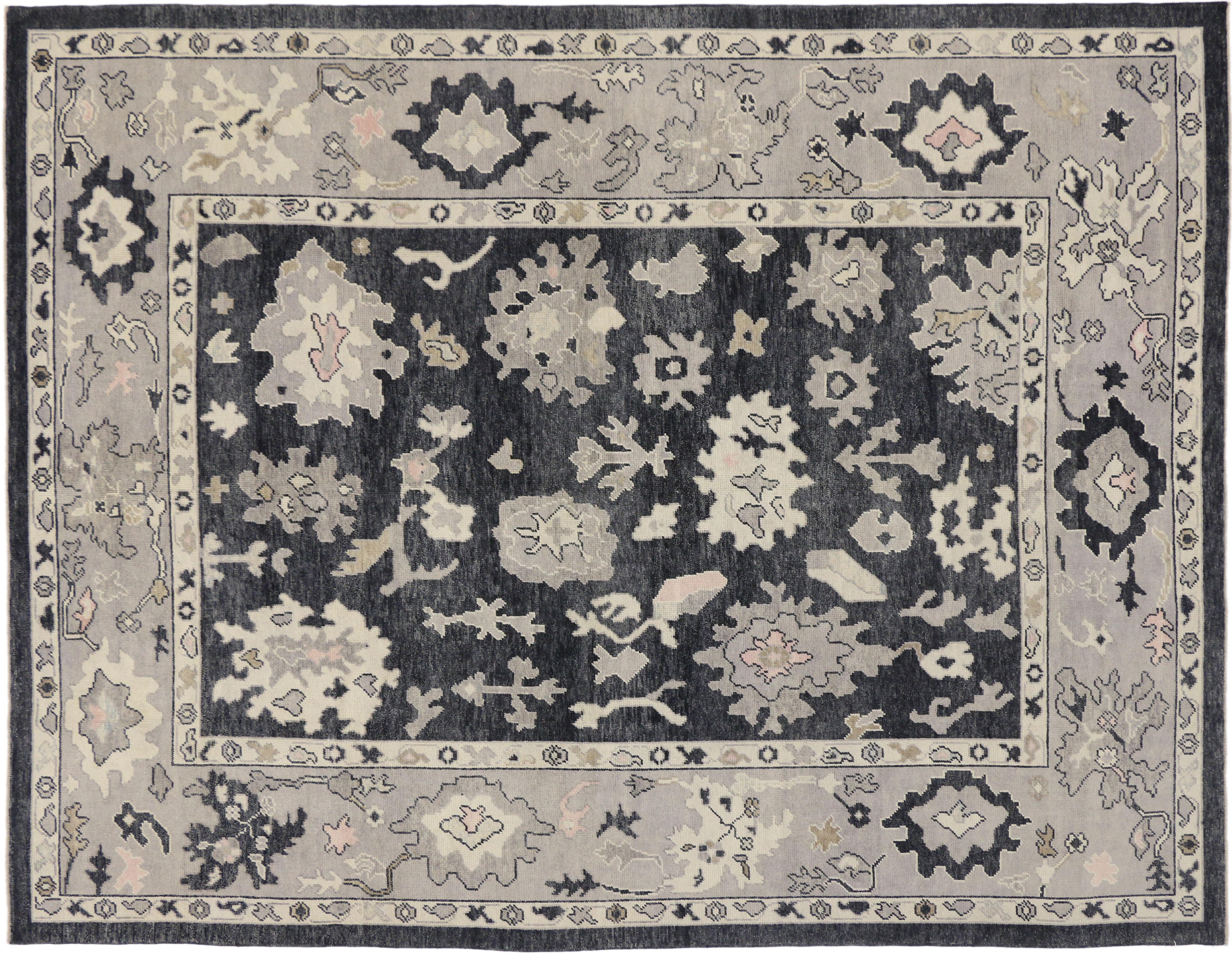 Wool New Contemporary Black Turkish Oushak Rug with Modern Style For Sale