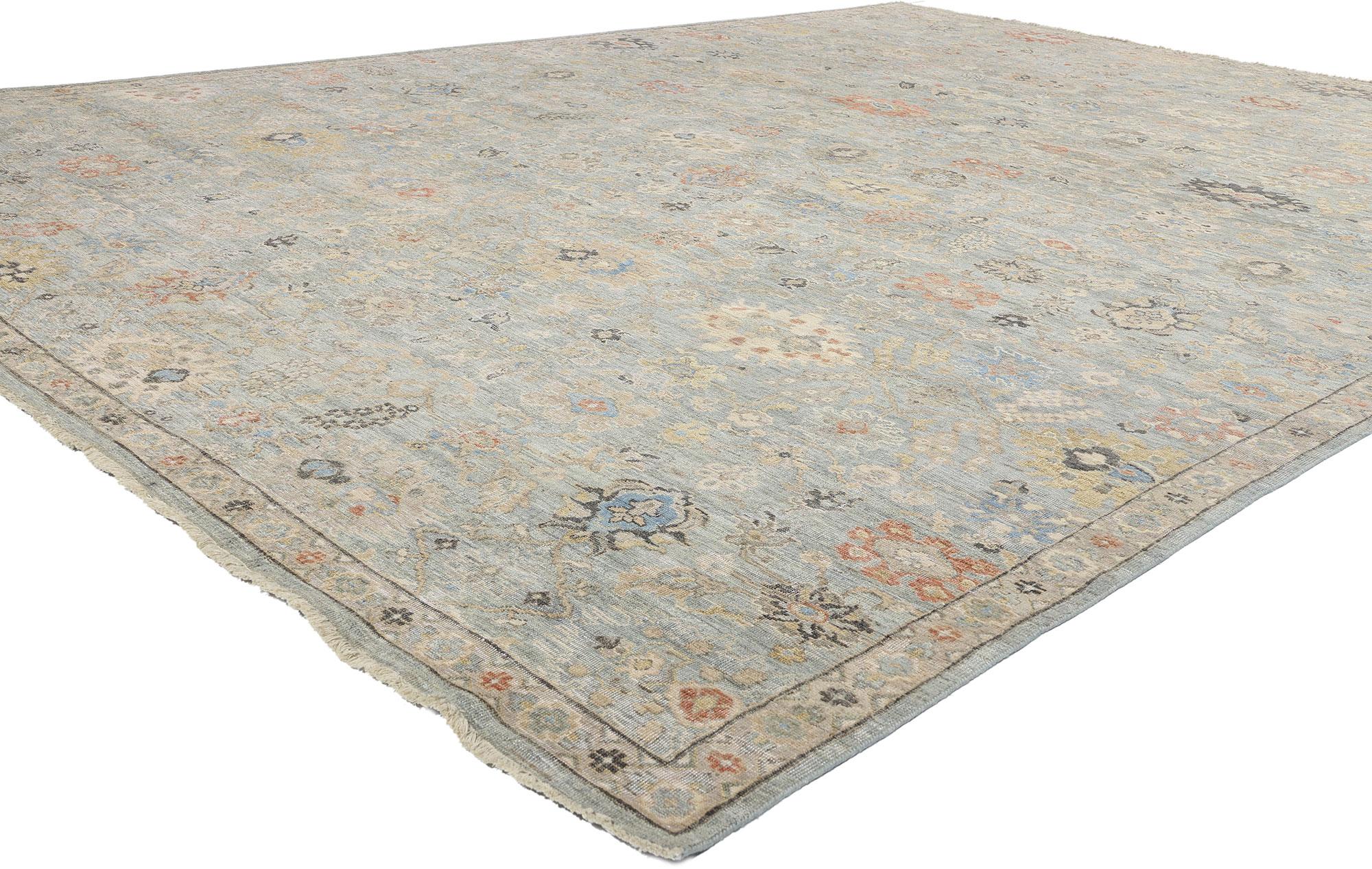 31079 Vintage-inspirierter moderner Oushak-Teppich, 09'10 x 13'08. Moderne indische Oushak-Teppiche sind zeitgenössische handgeknüpfte Teppiche, die in Indien hergestellt werden und von traditionellen anatolischen Designs inspiriert sind. Diese