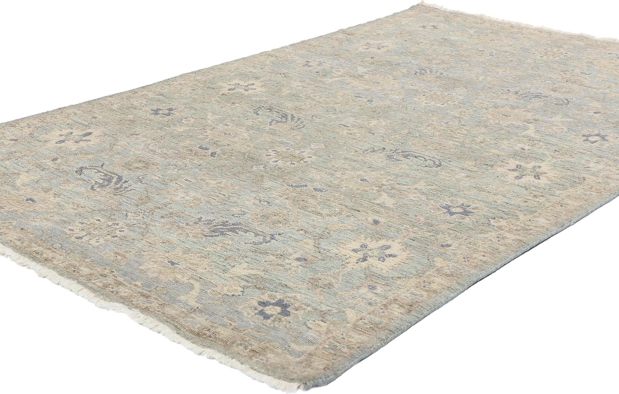 31072 Vintage-Inspired Modern Oushak Rug, 03'10 x 06'00. Modern Indian Oushak rugs, hand-knotted in India, are inspired by the traditional Anatolian designs. These rugs feature large-scale botanical designs, floral motifs, geometric patterns, and