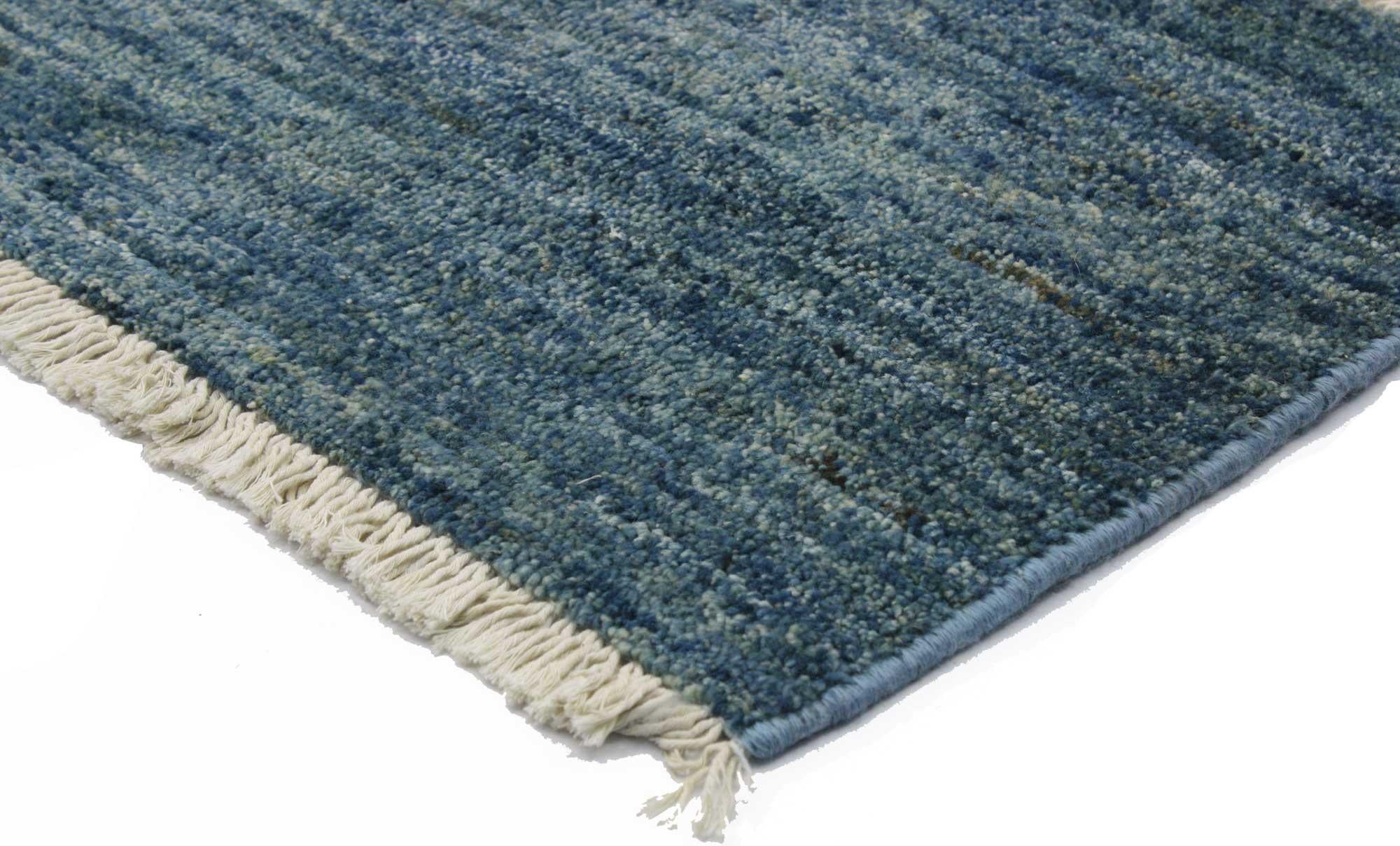 76724 Small Moroccan Wagireh Rug, 01'08 x 03'00. Effortless tranquility meets cohesive coziness in this hand knotted wool modern Moroccan wagireh rug. It features soothing blue hues and softly gradated striations running selvage to selvage blending